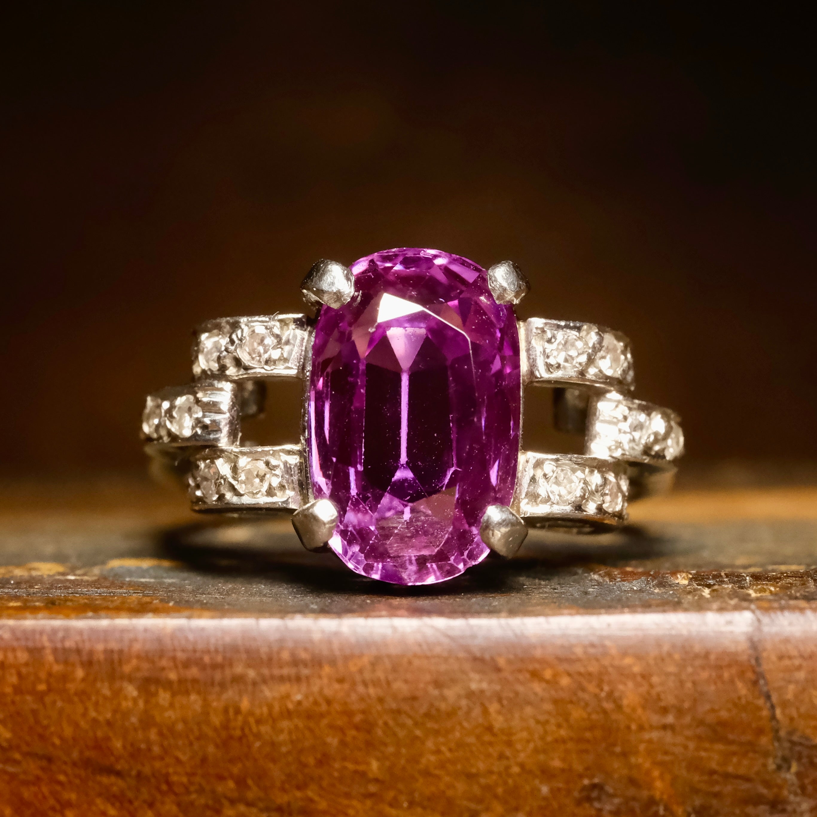 1930's Art Deco, Natural Purple Sapphire, Palladium & Diamond Ring
