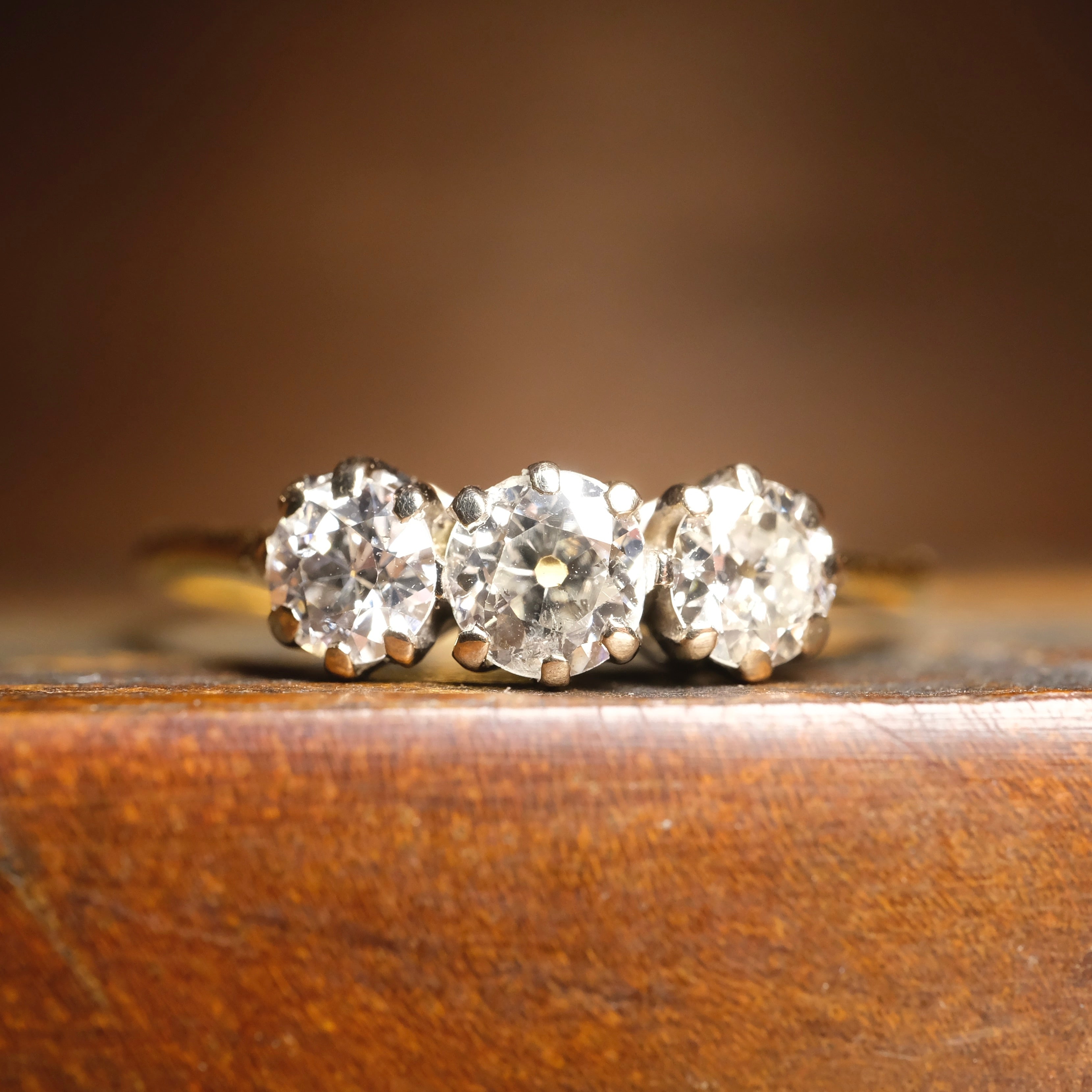 Antique, 18ct Gold & Platinum Old European Cut Diamond, Trilogy Ring