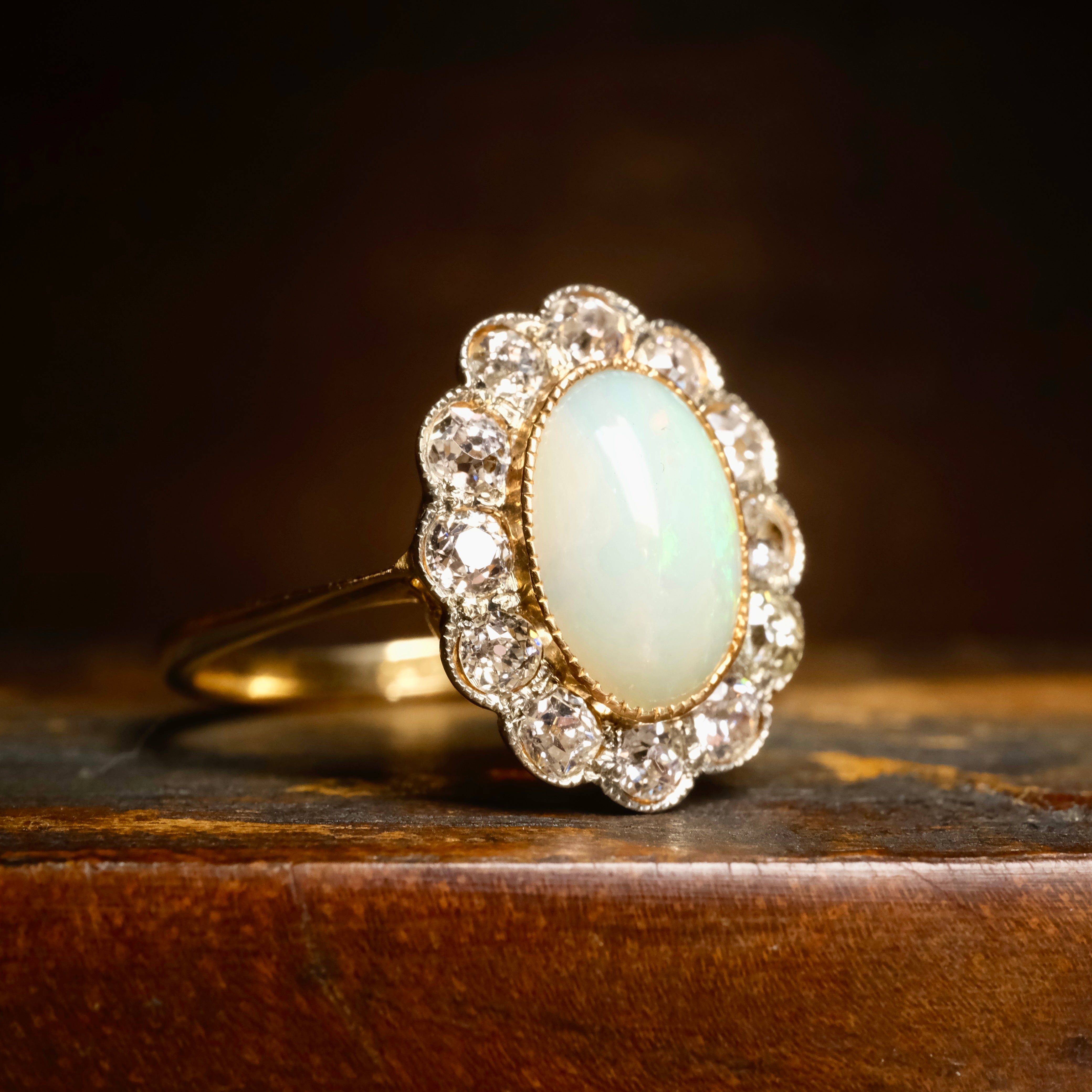 Antique, Opal & Old Cut Diamond, 18ct Gold, Cluster Ring
