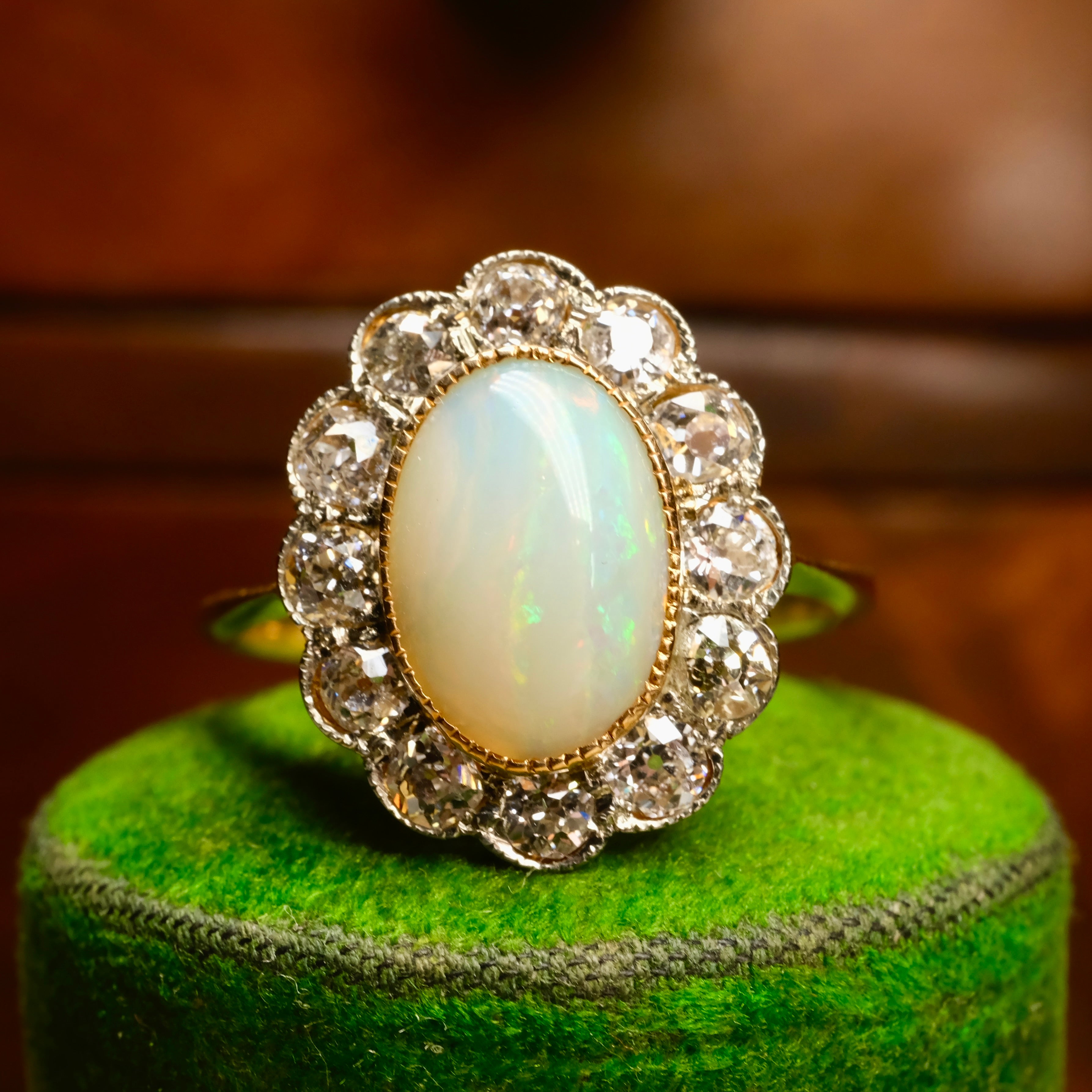 Antique, Opal & Old Cut Diamond, 18ct Gold, Cluster Ring