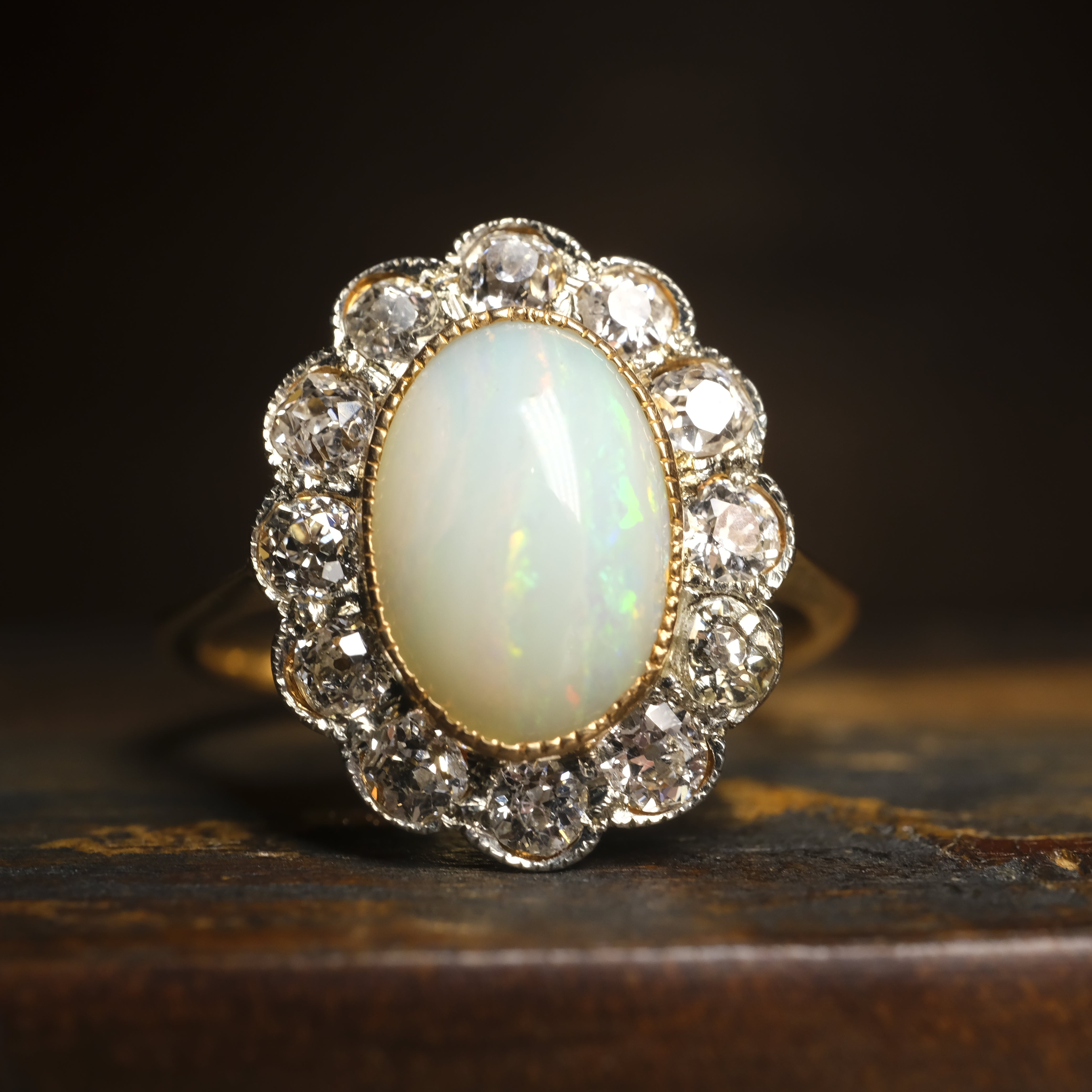Antique, Opal & Old Cut Diamond, 18ct Gold, Cluster Ring