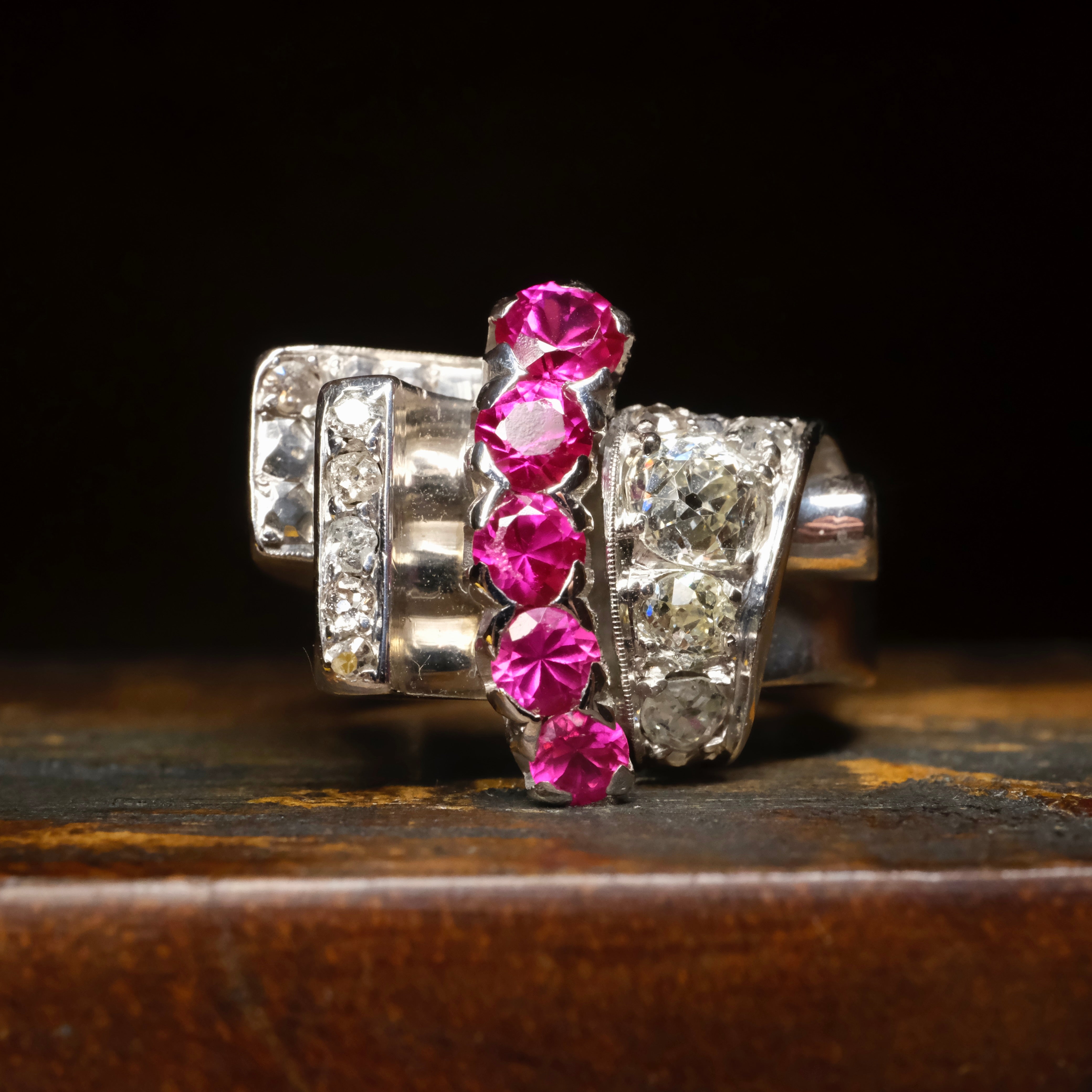 1940's, 18ct White Gold, Old Cut Diamond & Synthetic Ruby, Retro Period Ring
