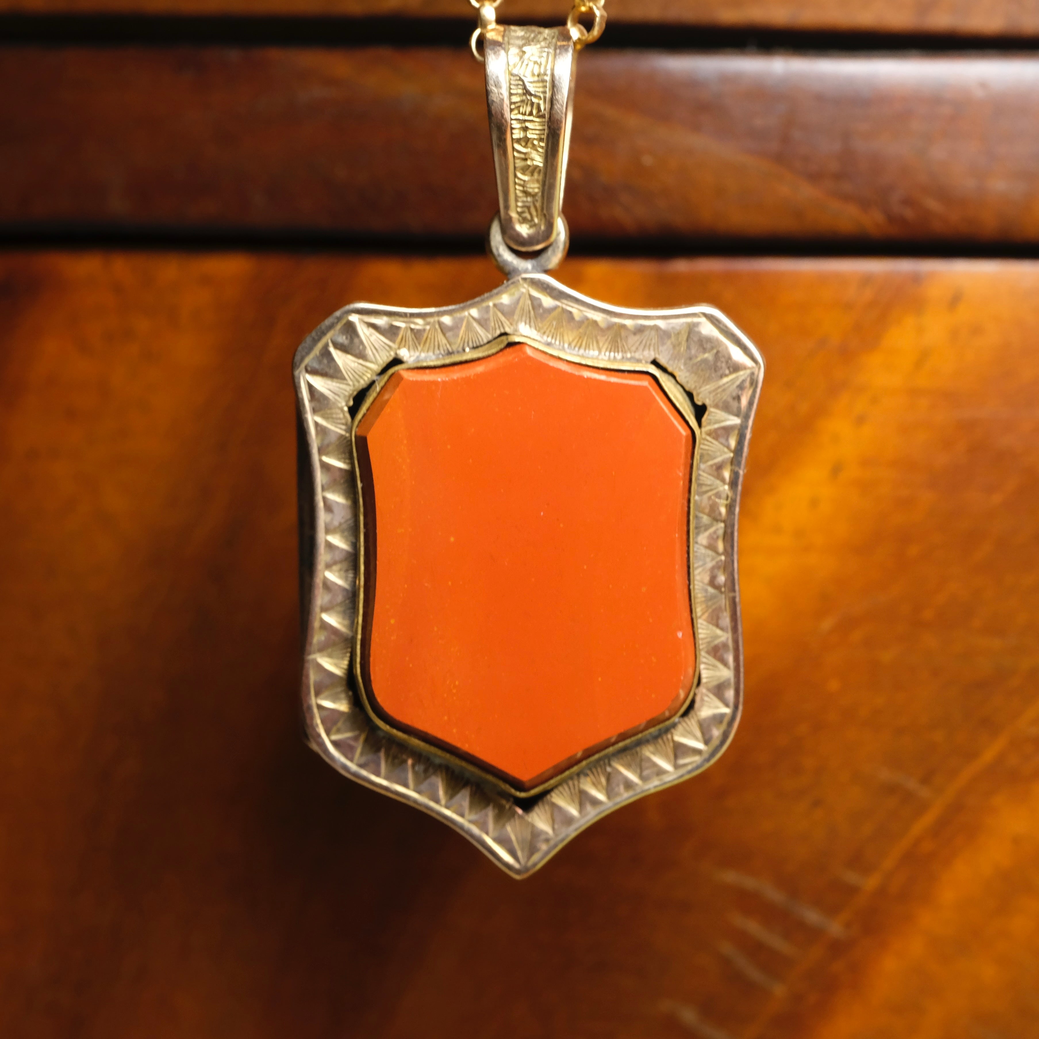 Antique 9ct Gold, Hand Engraved, Jasper Shield Locket, Pendant