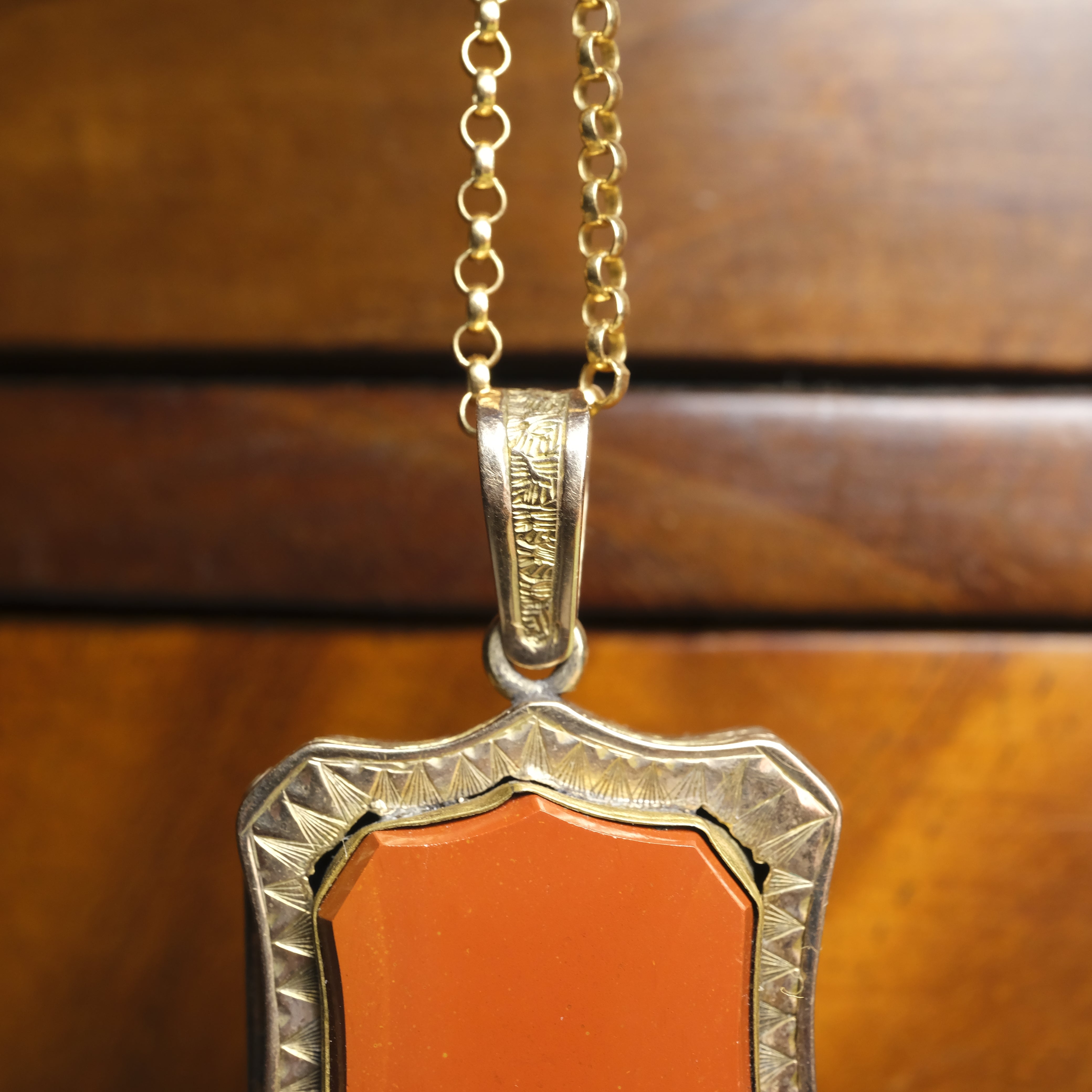 Antique 9ct Gold, Hand Engraved, Jasper Shield Locket, Pendant