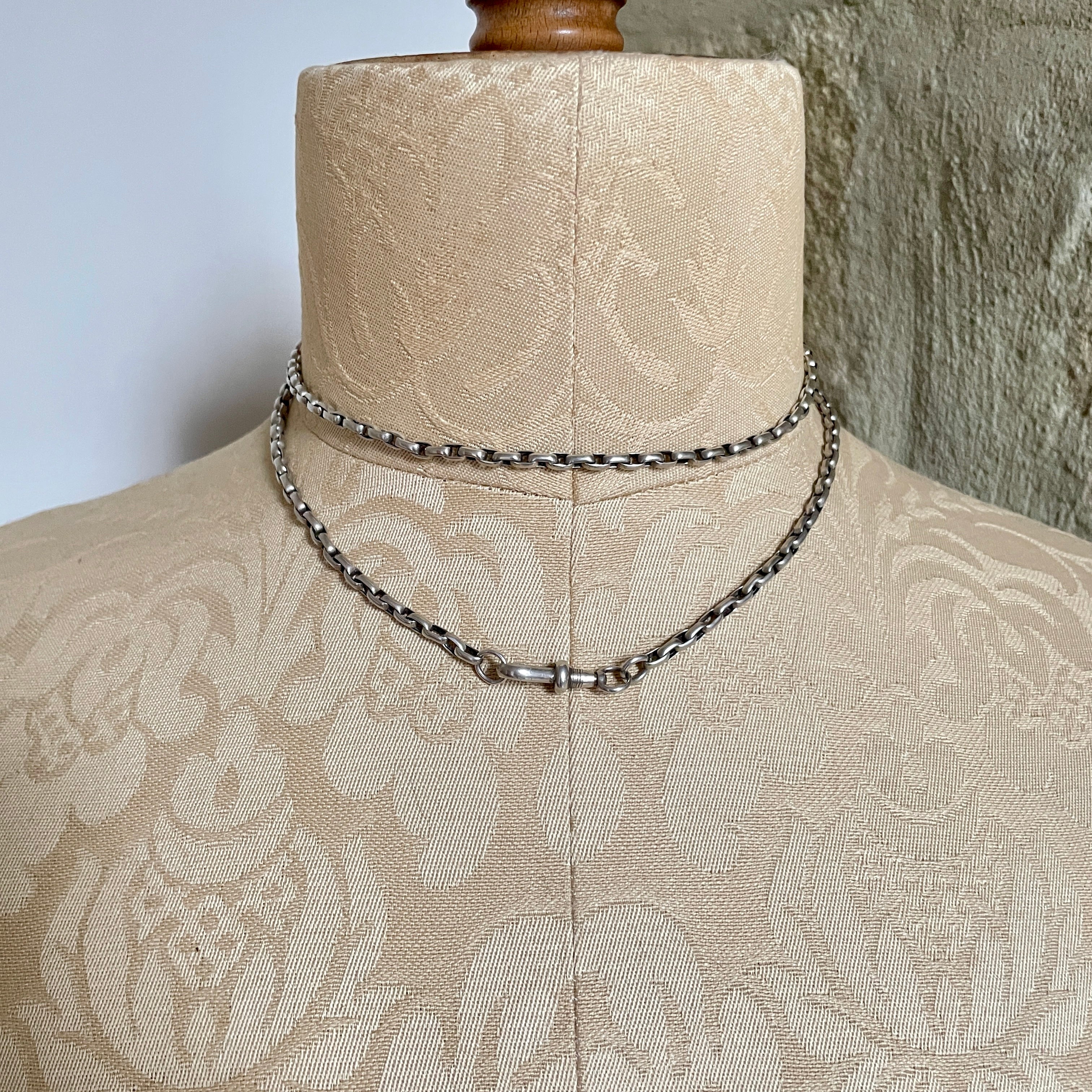 Antique, Sterling Silver Belcher Link Guard Chain, Necklace c1900
