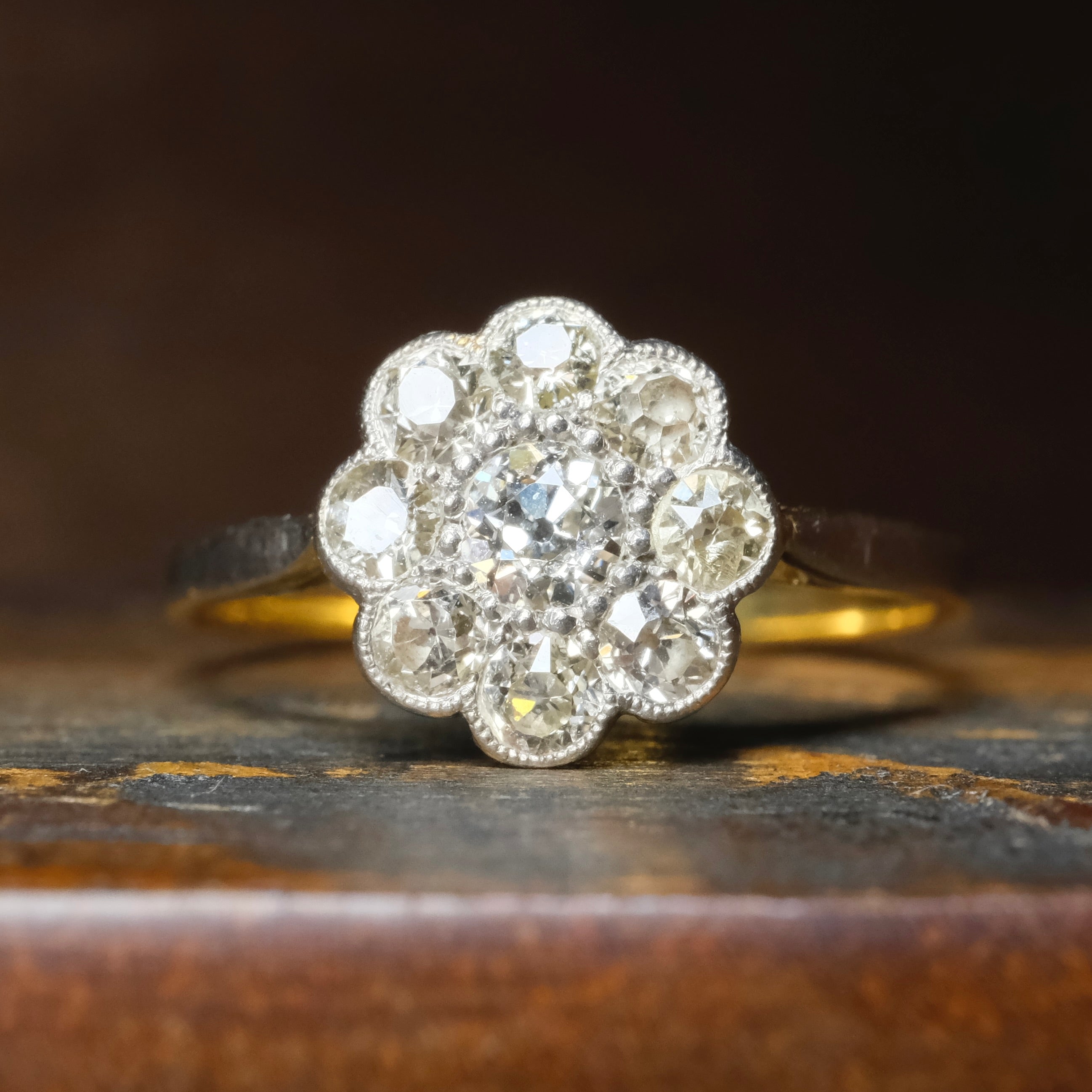 Antique, Early Twentieth Century, 18ct Gold & Platinum, Old Cut Diamond, Daisy Cluster Ring