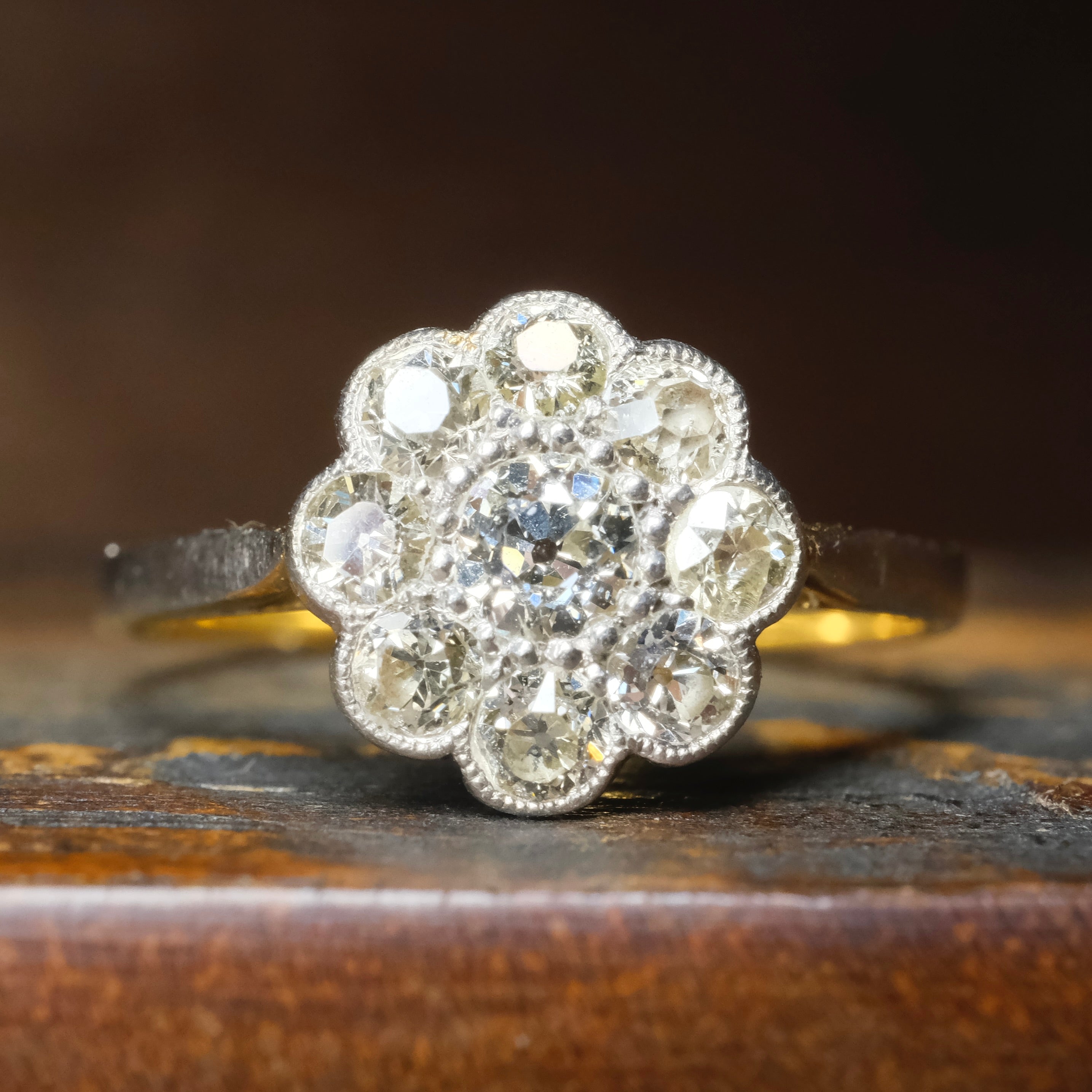 Antique, Early Twentieth Century, 18ct Gold & Platinum, Old Cut Diamond, Daisy Cluster Ring