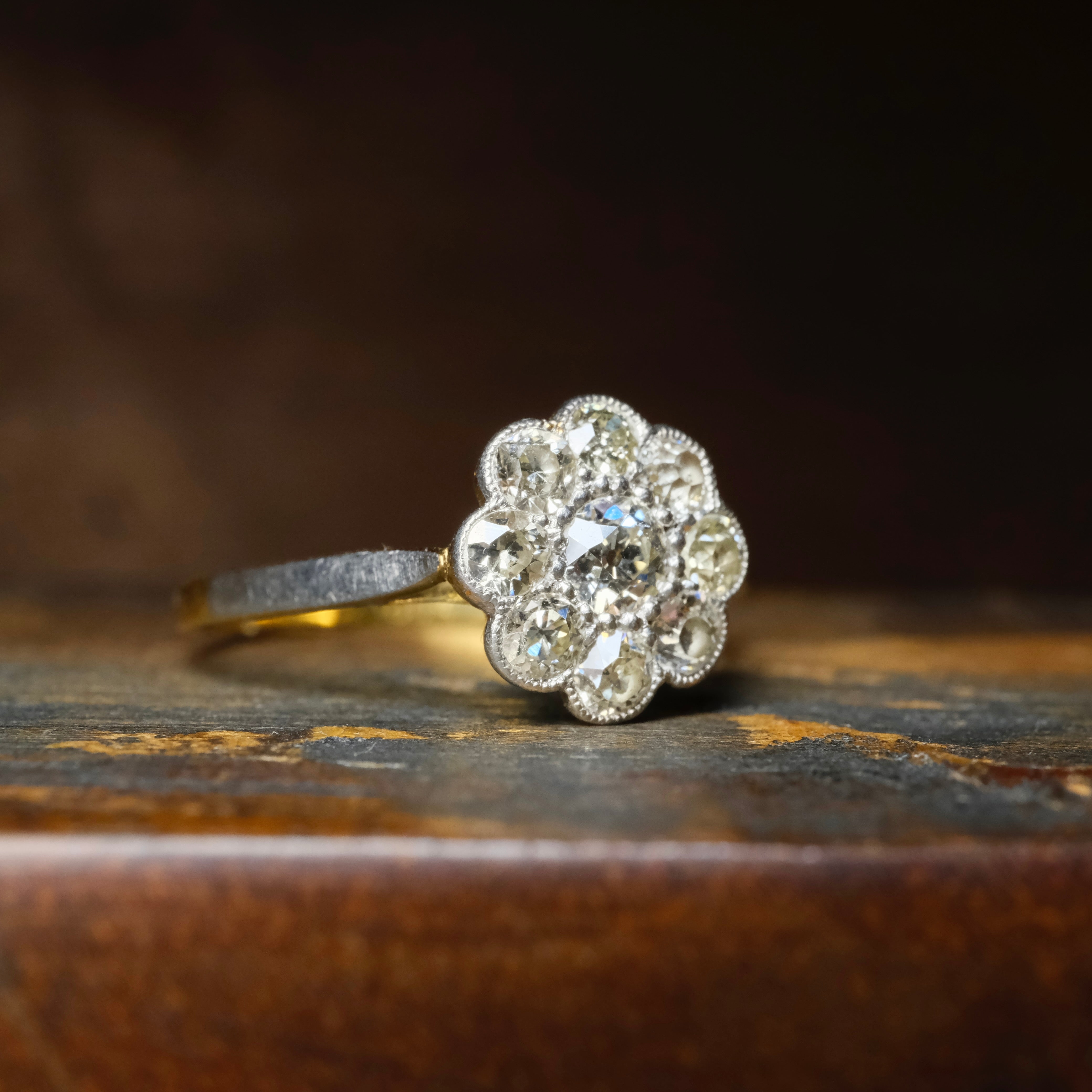 Antique, Early Twentieth Century, 18ct Gold & Platinum, Old Cut Diamond, Daisy Cluster Ring