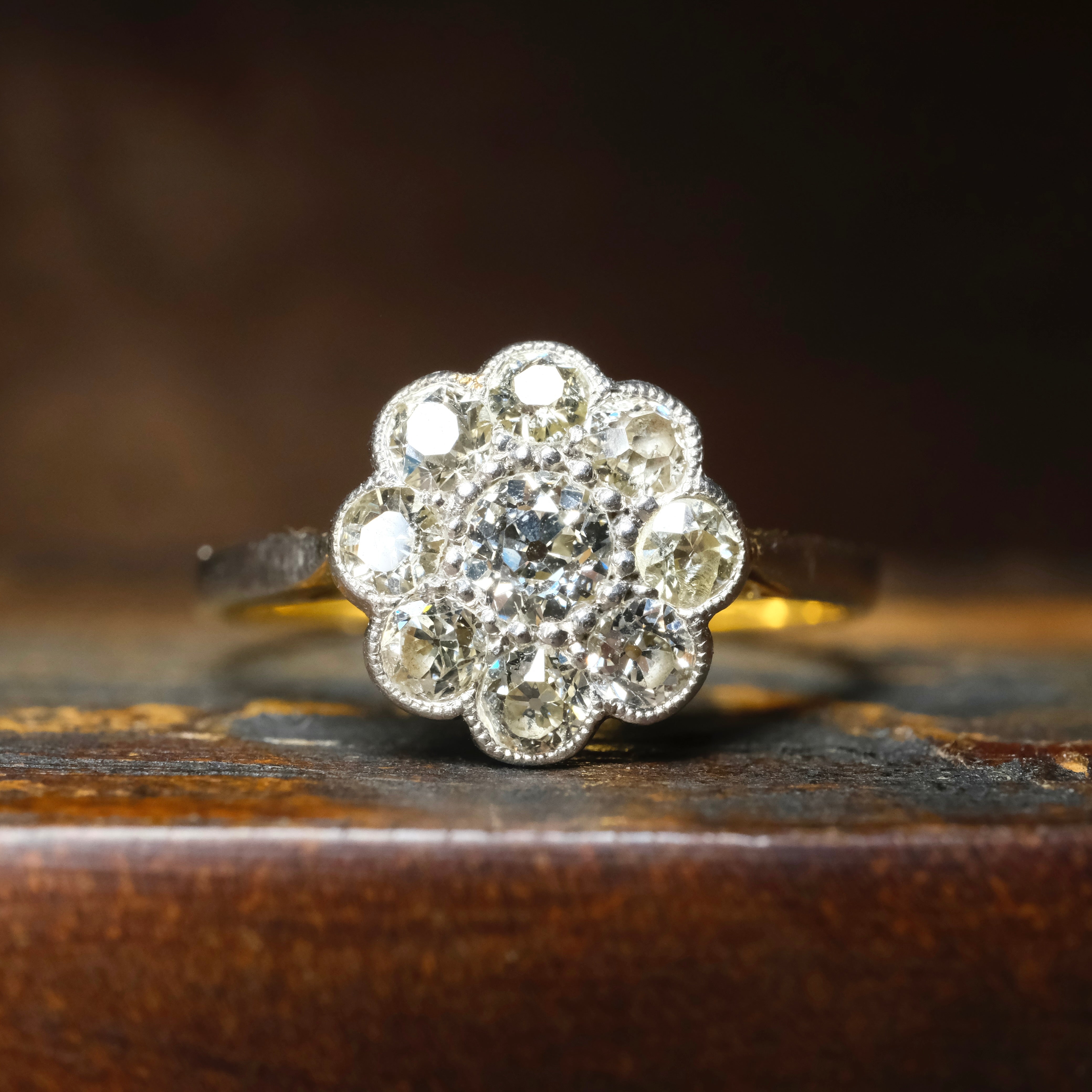 Antique, Early Twentieth Century, 18ct Gold & Platinum, Old Cut Diamond, Daisy Cluster Ring