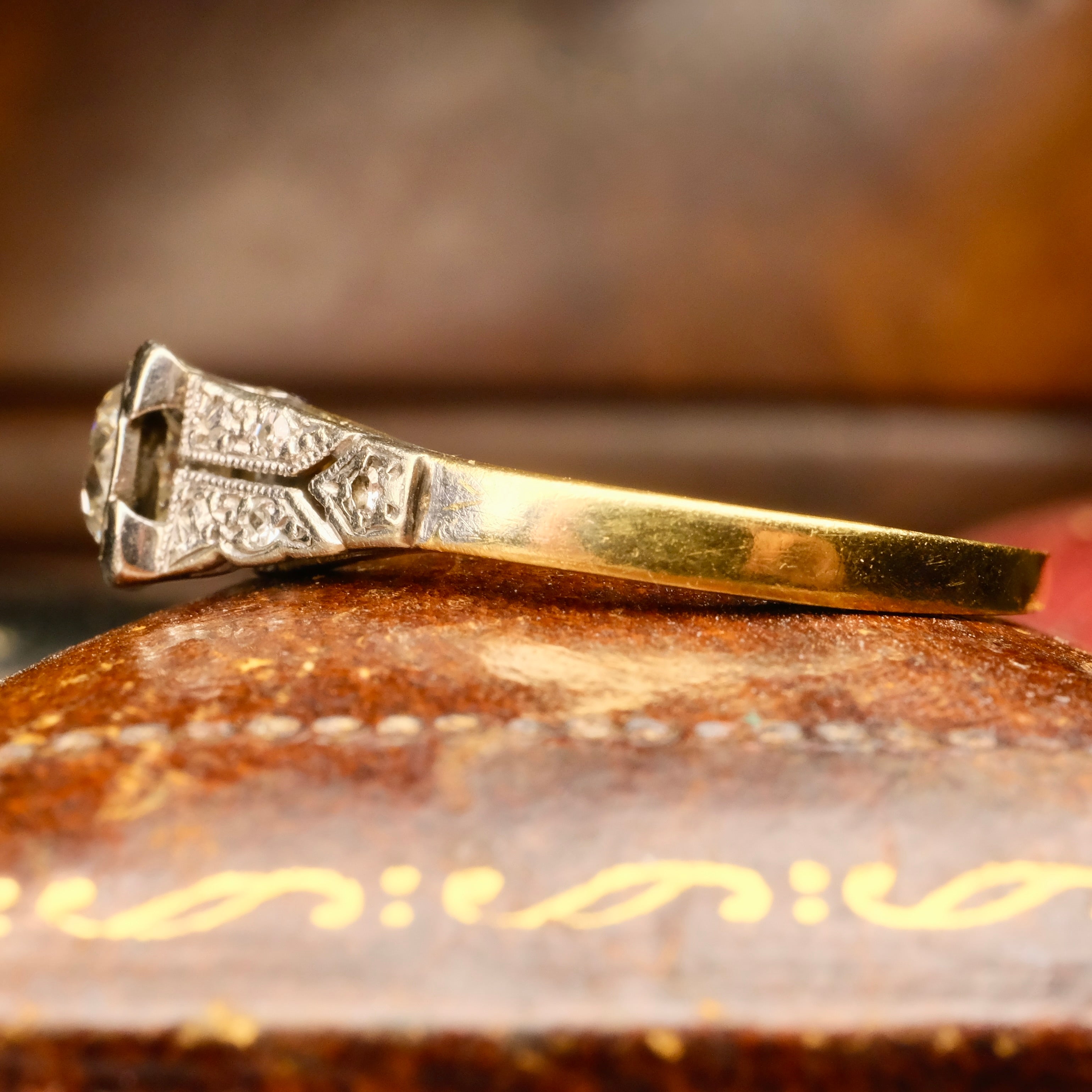 Original Art Deco, 18ct Gold & Platinum, Diamond Solitaire Ring With Diamond Shoulders