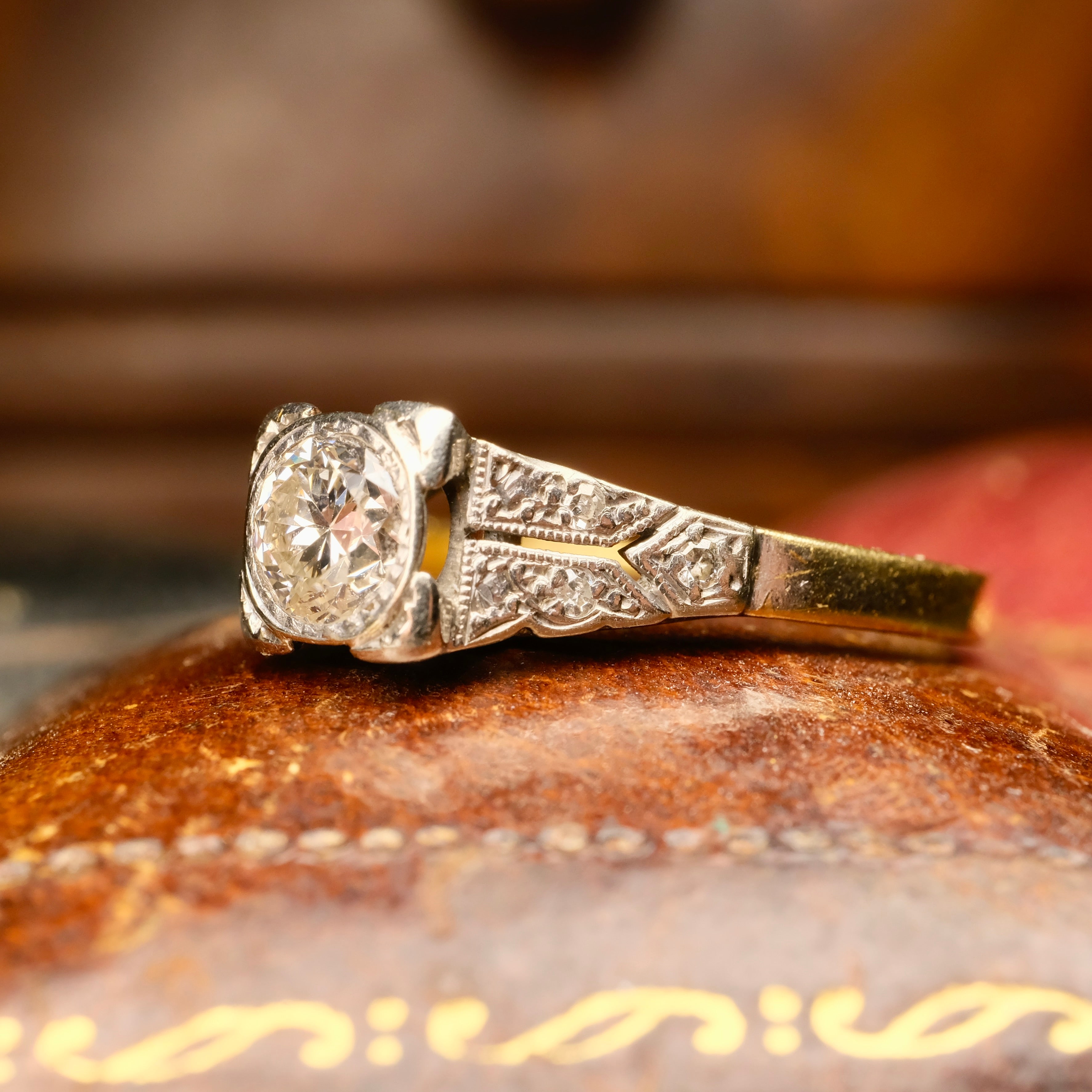 Original Art Deco, 18ct Gold & Platinum, Diamond Solitaire Ring With Diamond Shoulders
