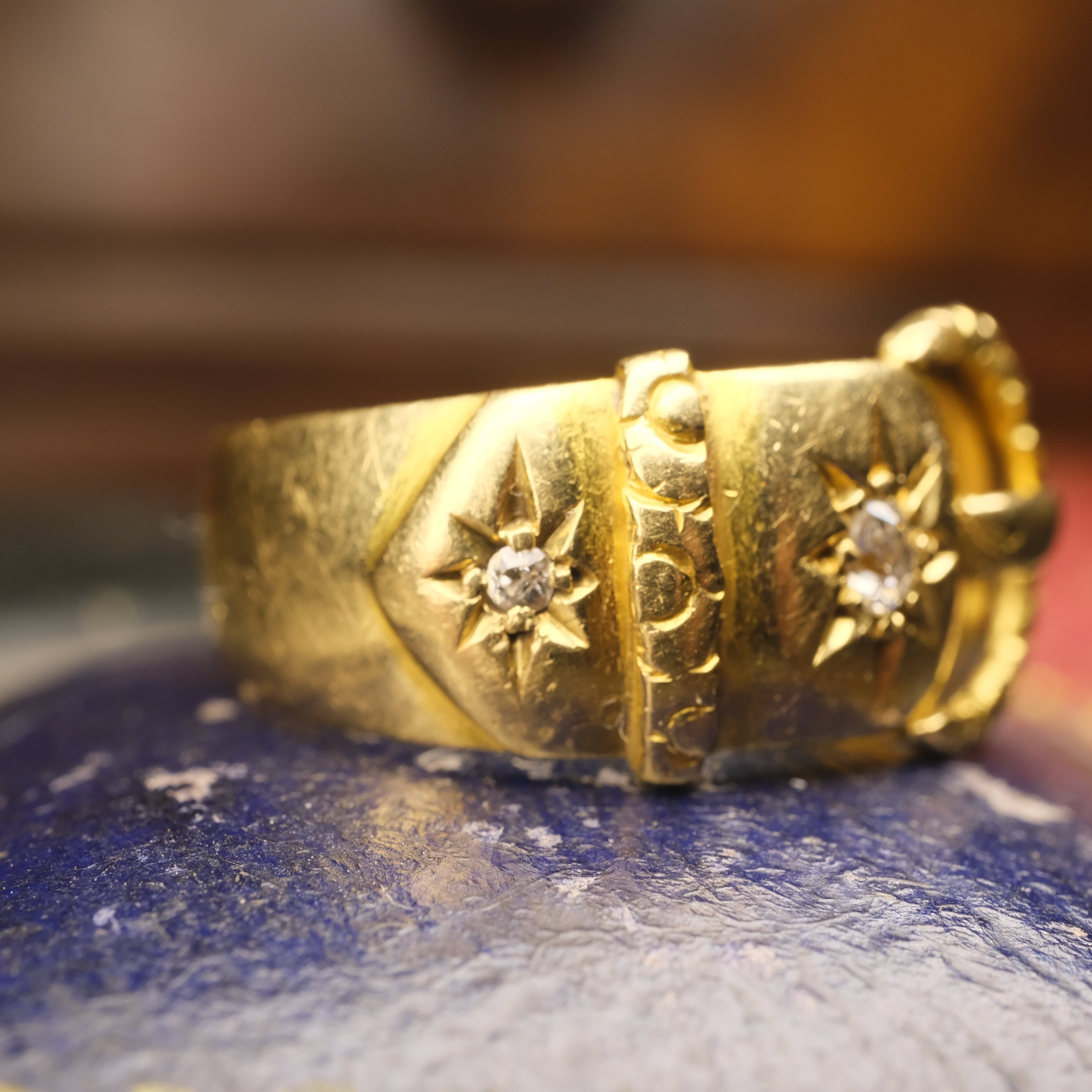 Antique, Edwardian 18ct Gold, Old Cut Diamonds, Wide Buckle Ring, Chester Hallmark 1907