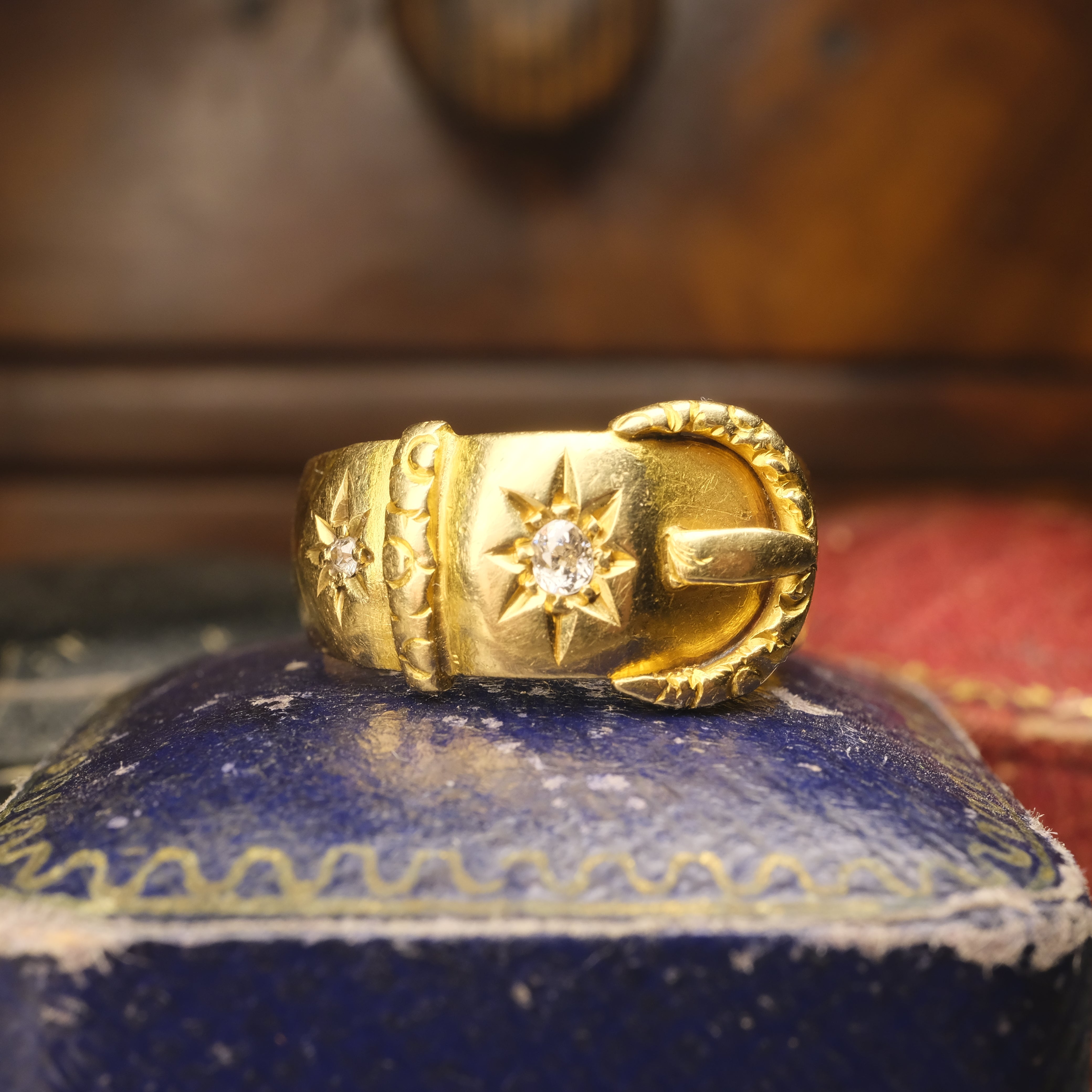 Antique, Edwardian 18ct Gold, Old Cut Diamonds, Wide Buckle Ring, Chester Hallmark 1907