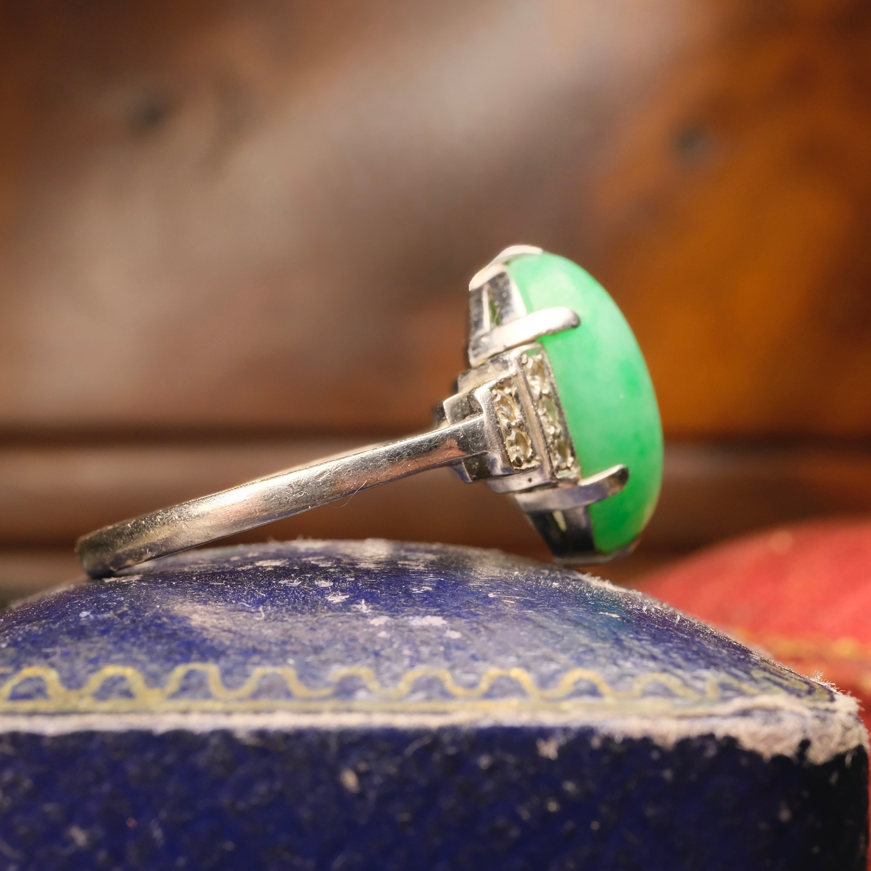 Art deco 18ct White Gold and Platinum, Jade Cabochon & Diamond Ring c1930s
