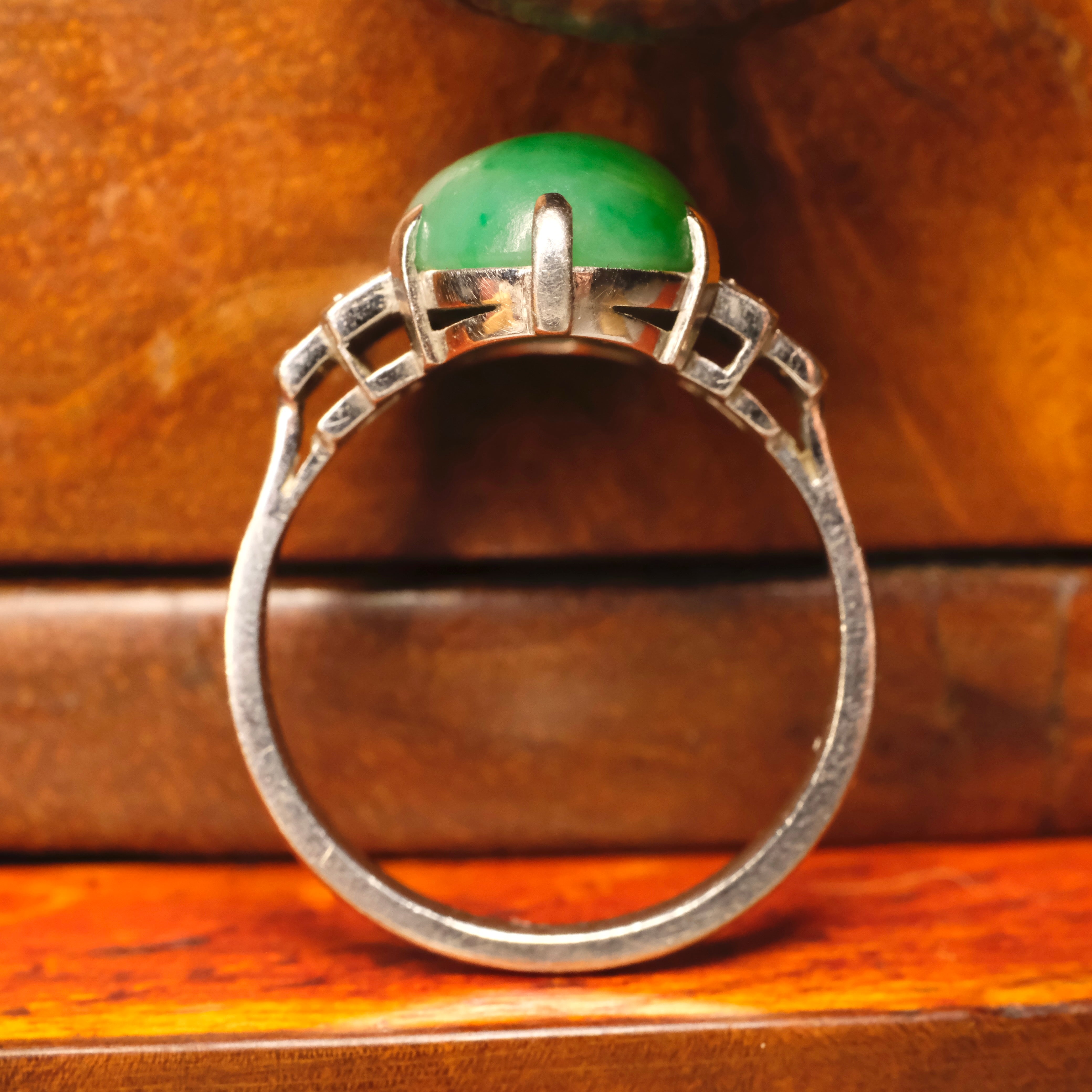 Art deco 18ct White Gold and Platinum, Jade Cabochon & Diamond Ring c1930s