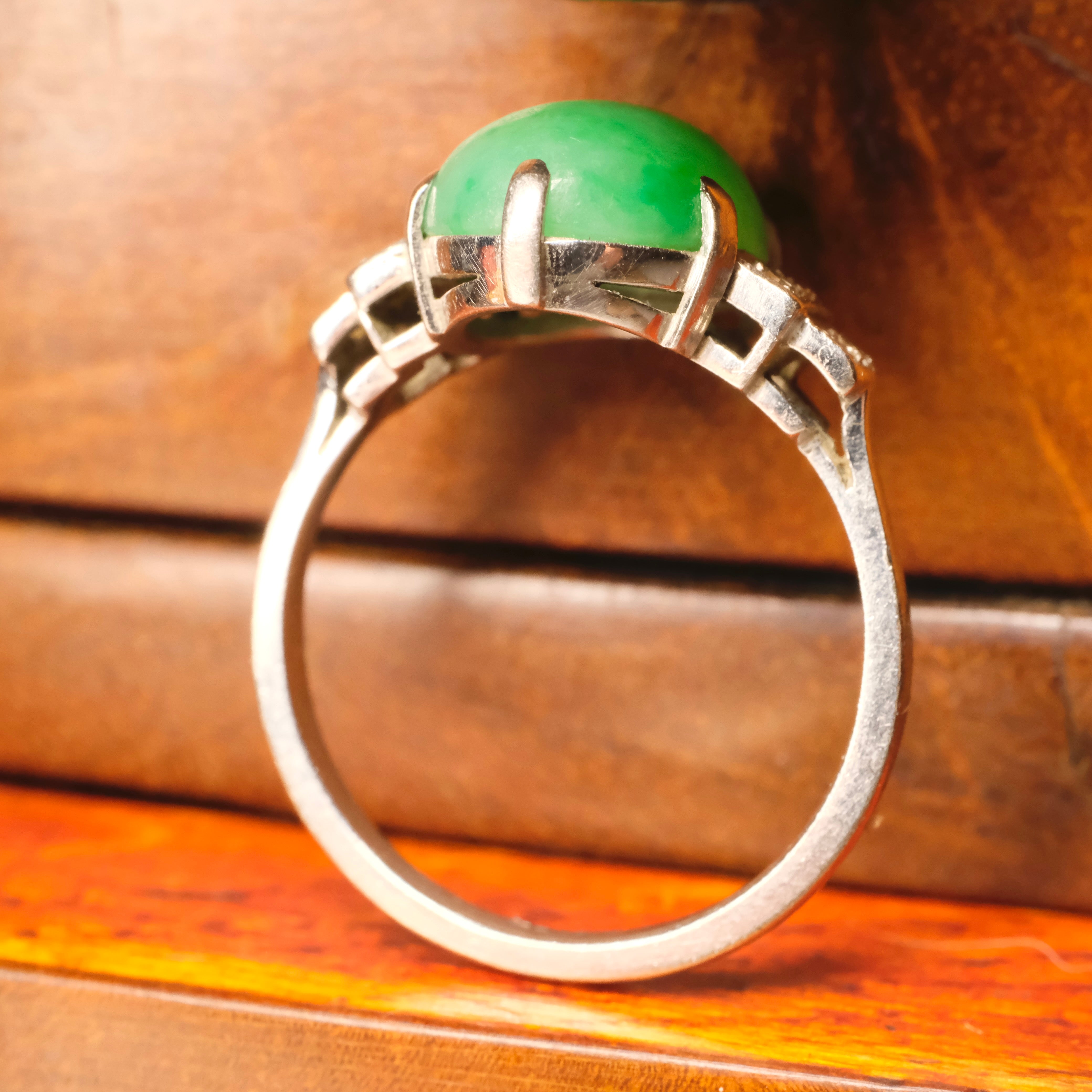 Art deco 18ct White Gold and Platinum, Jade Cabochon & Diamond Ring c1930s