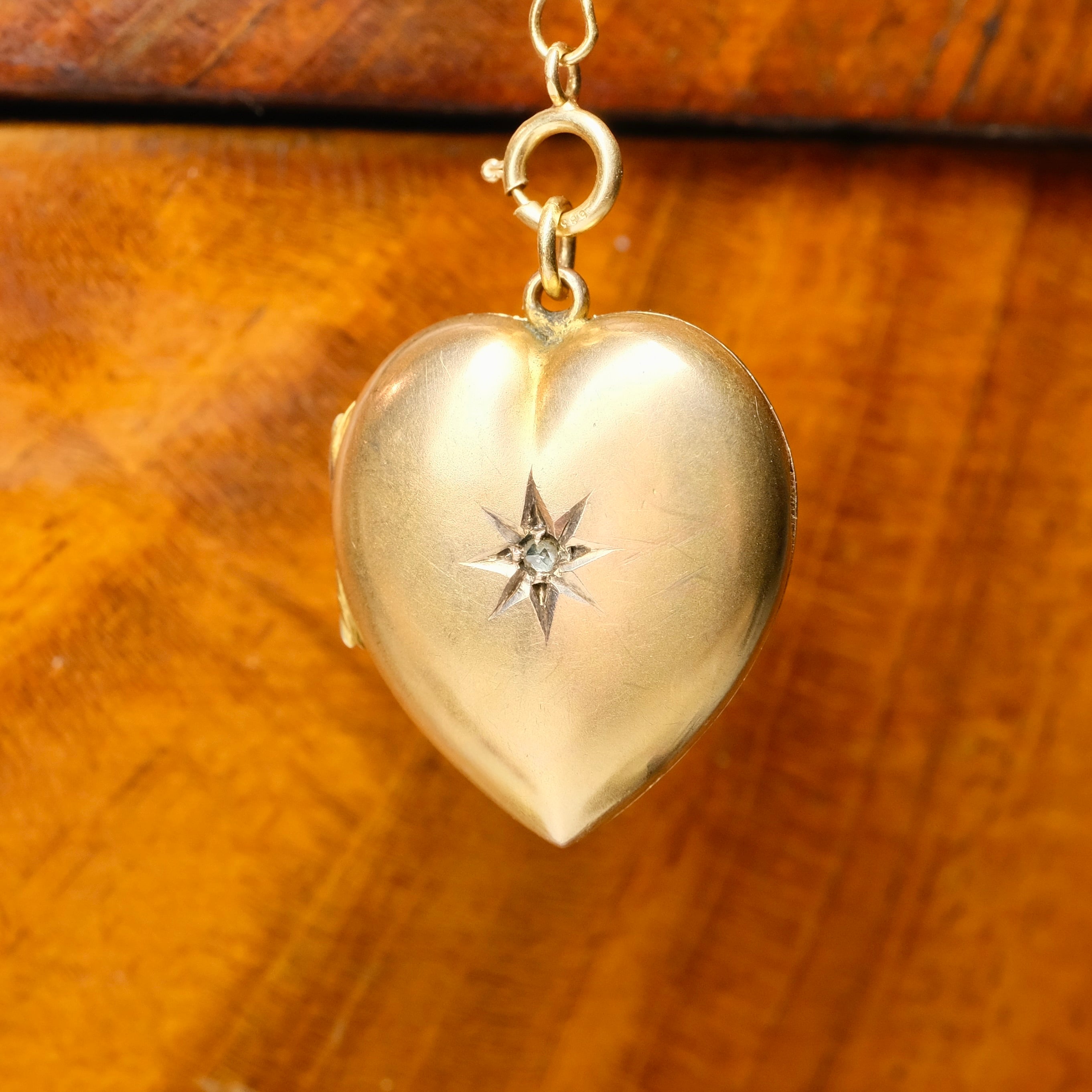 Antique 9ct Gold Heart Locket Pendant with rose cut Diamond