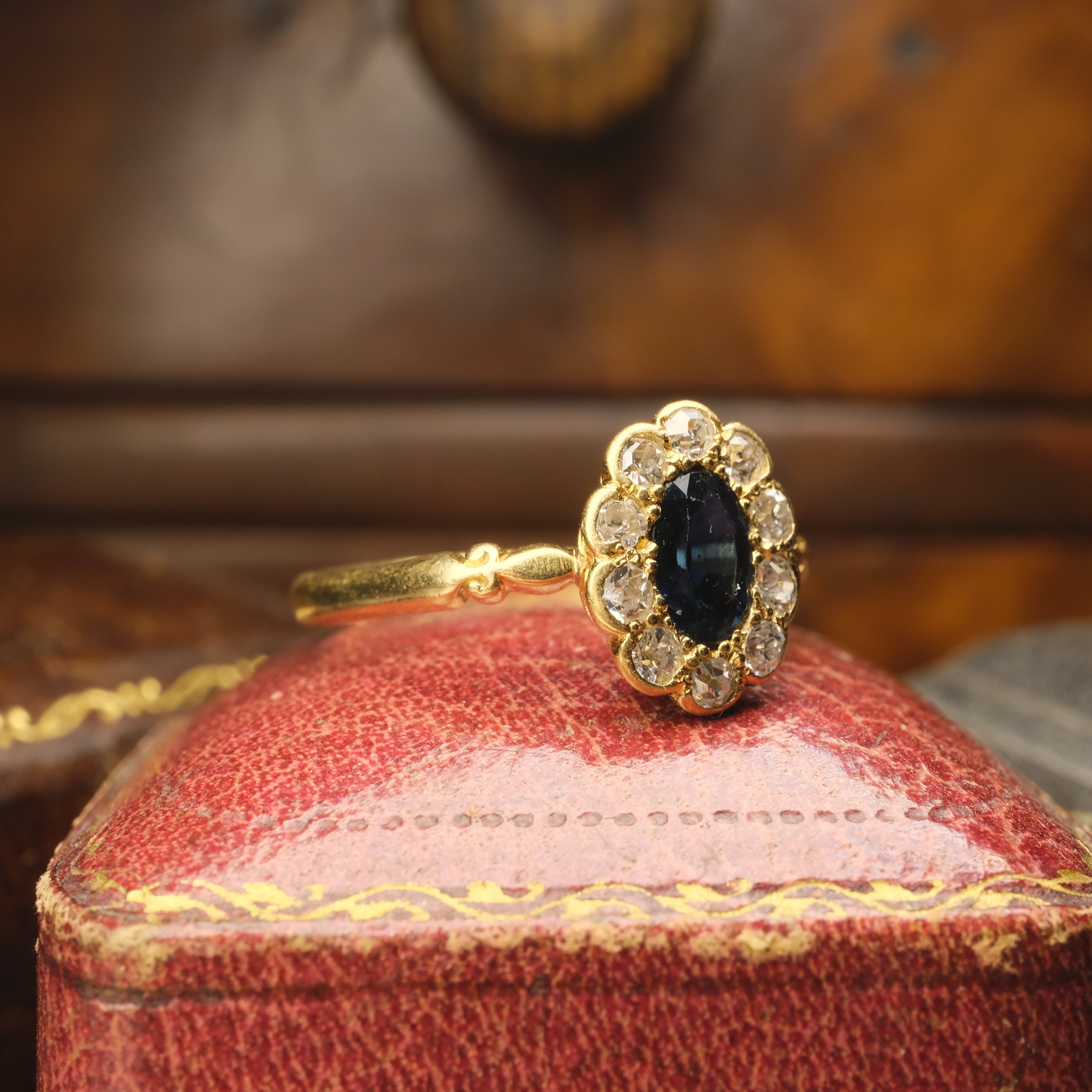 Antique 18ct Gold, Old Cut Diamond & Sapphire Cluster Ring