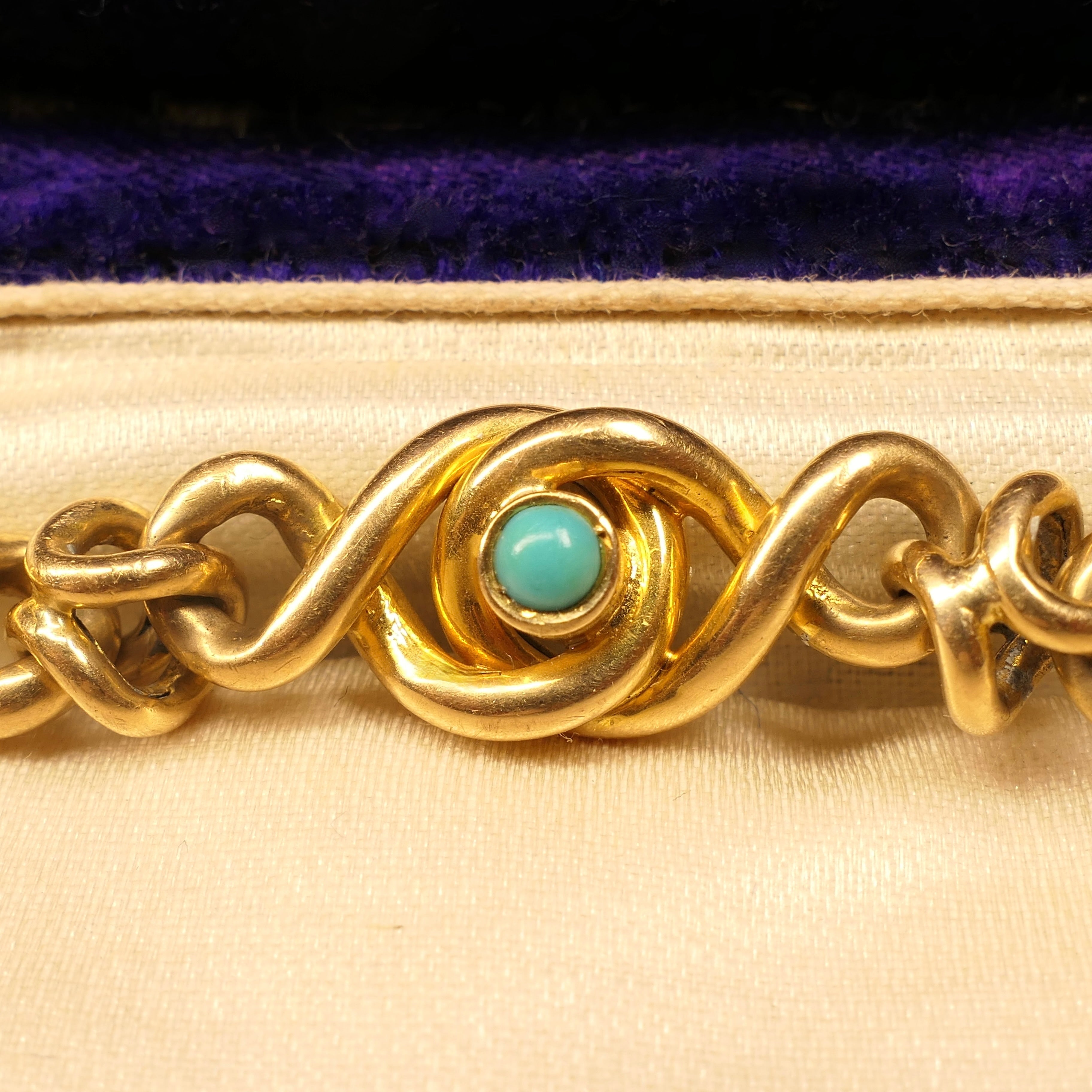 Antique, Victorian 18ct Gold & Turquoise knot Link Bracelet with Heart Padlock Clasp, 19 Grams