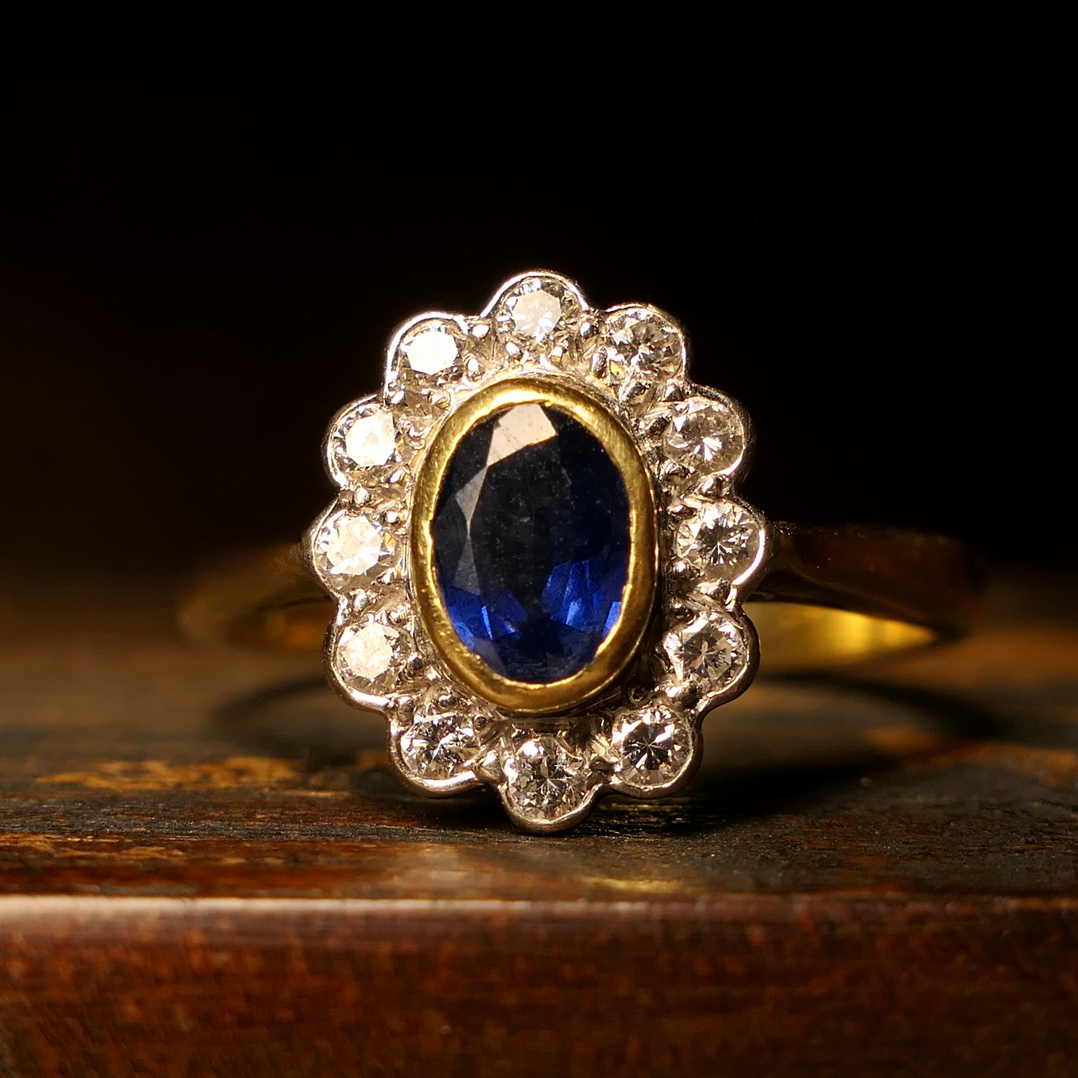Edwardian Style 18ct Gold, Old Cut Diamond & Sapphire Cluster Ring