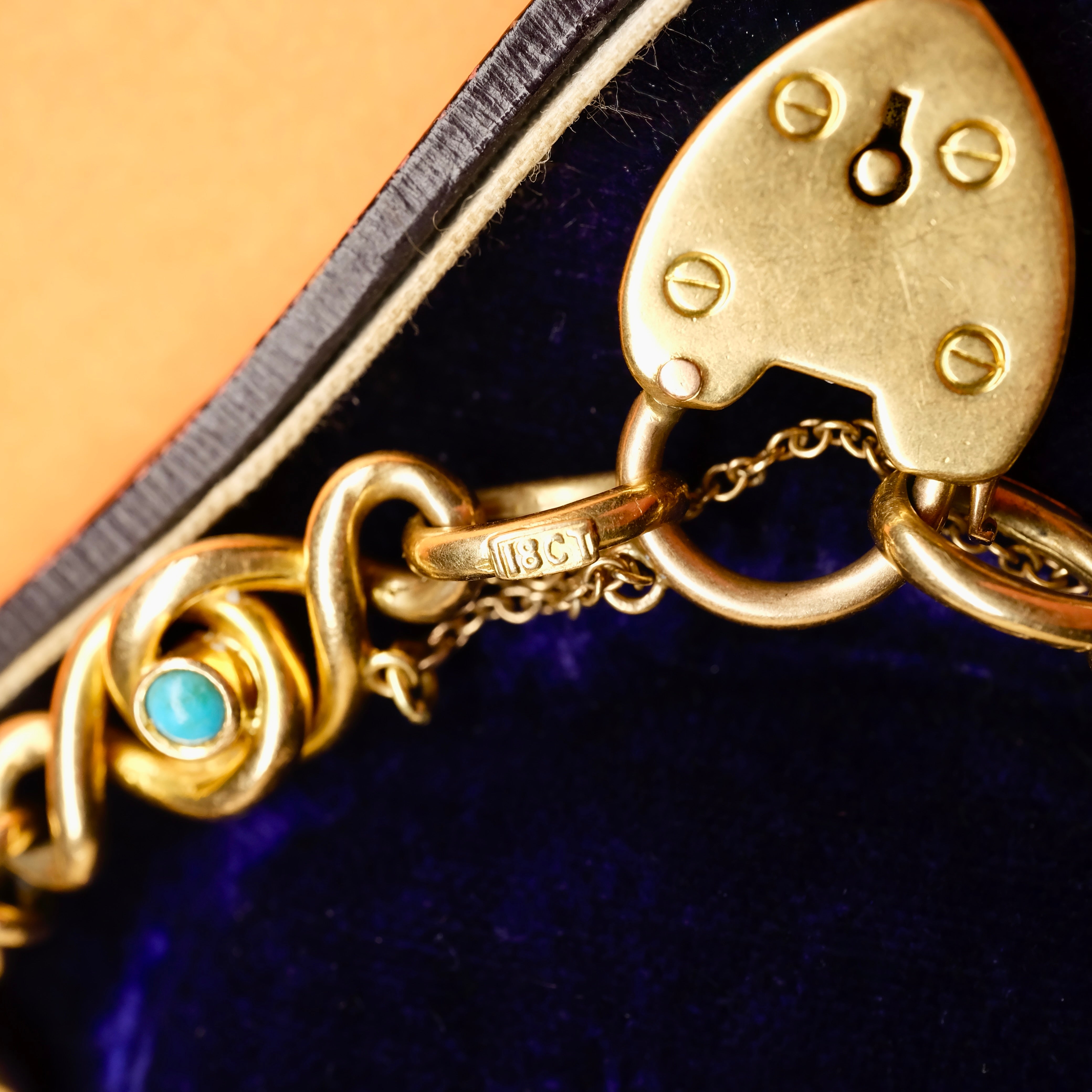 Antique, Victorian 18ct Gold & Turquoise knot Link Bracelet with Heart Padlock Clasp, 19 Grams