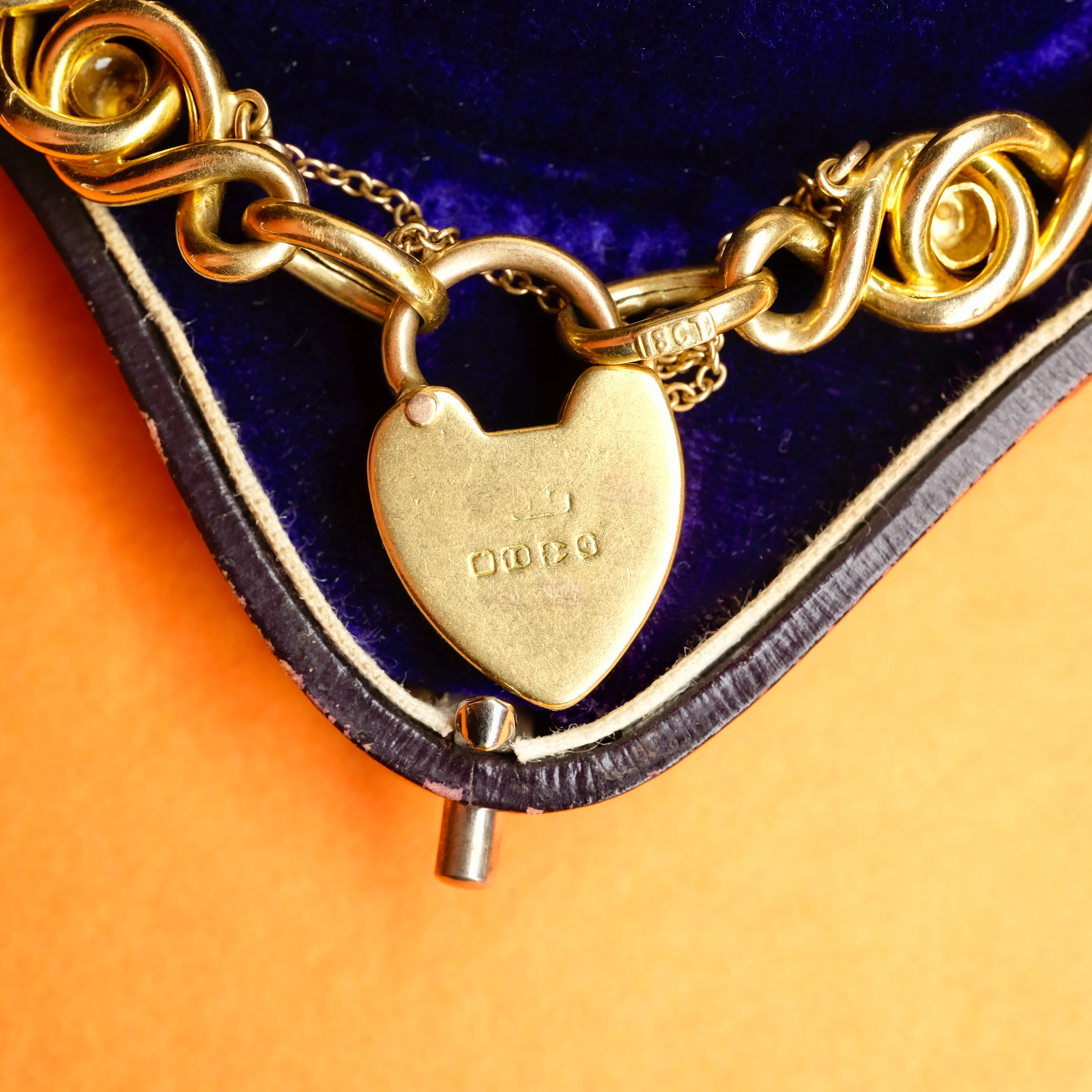 Antique, Victorian 18ct Gold & Turquoise knot Link Bracelet with Heart Padlock Clasp, 19 Grams