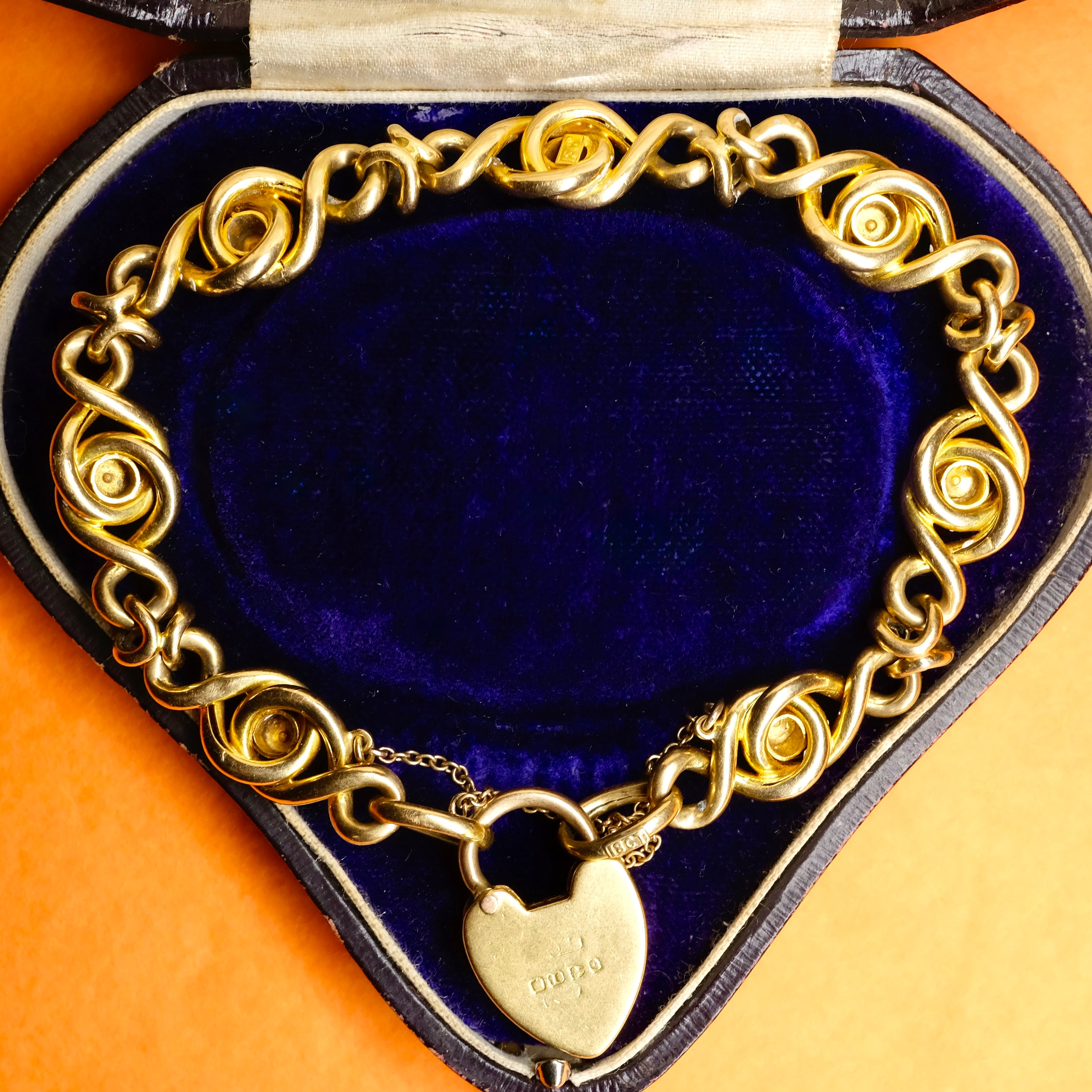 Antique, Victorian 18ct Gold & Turquoise knot Link Bracelet with Heart Padlock Clasp, 19 Grams