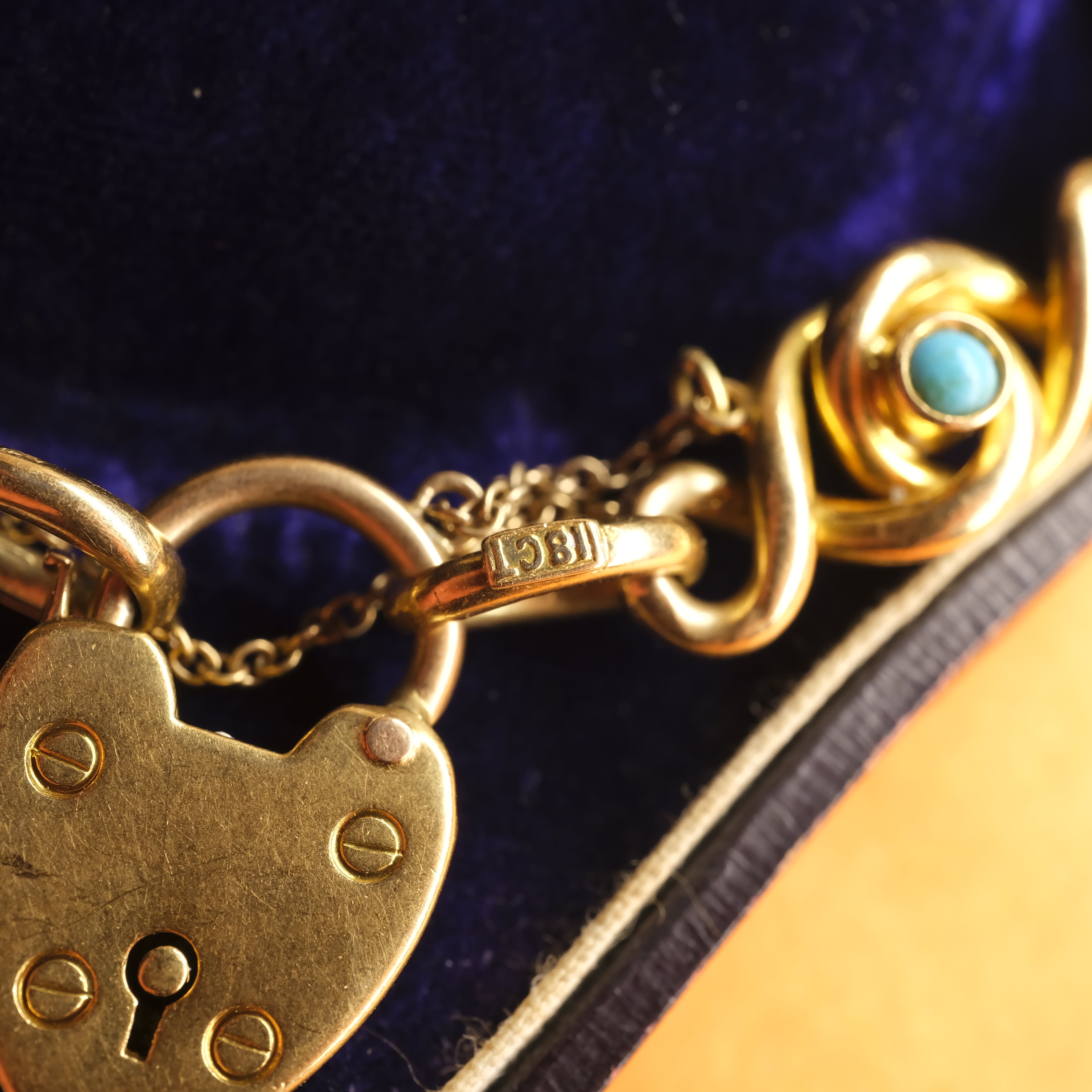 Antique, Victorian 18ct Gold & Turquoise knot Link Bracelet with Heart Padlock Clasp, 19 Grams