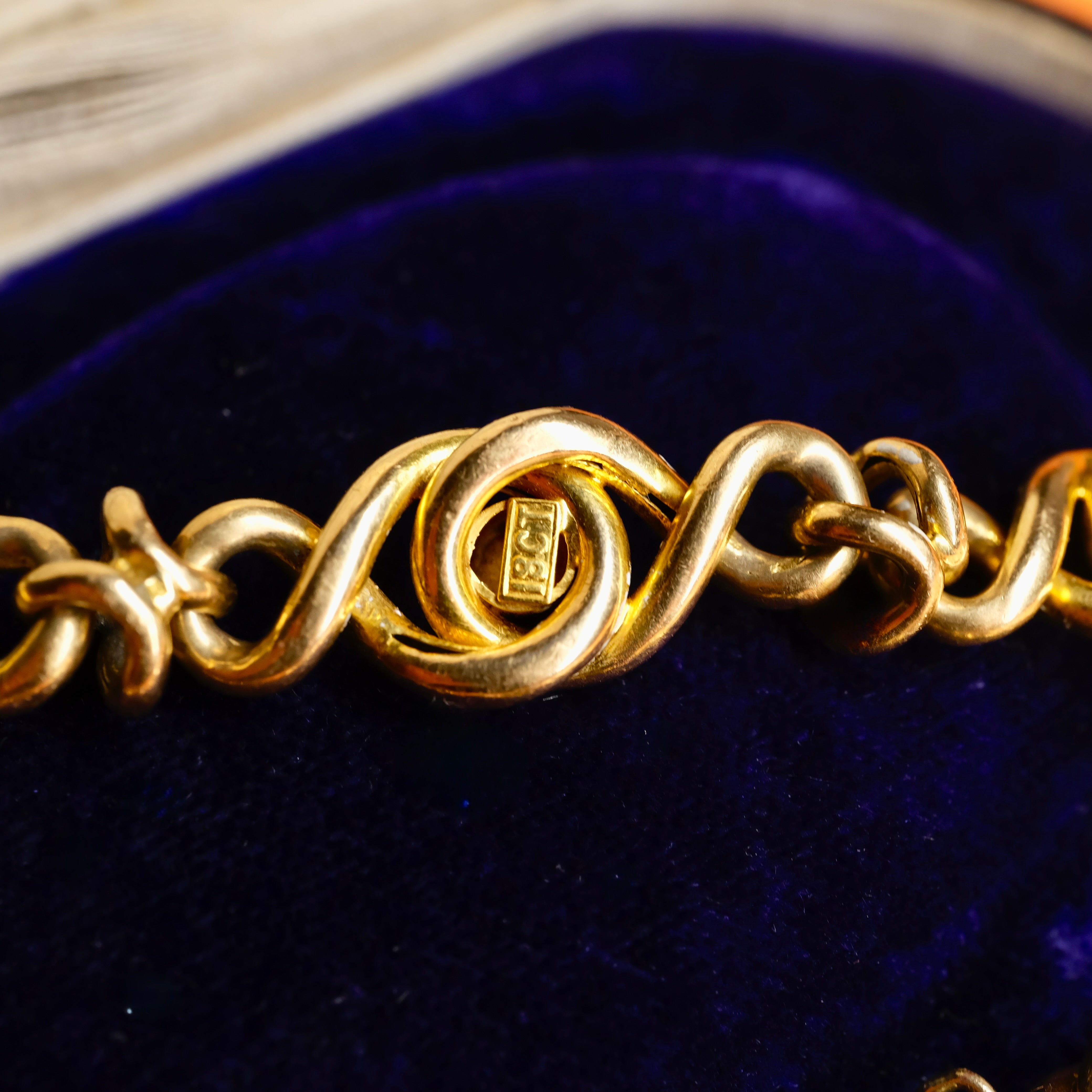 Antique, Victorian 18ct Gold & Turquoise knot Link Bracelet with Heart Padlock Clasp, 19 Grams