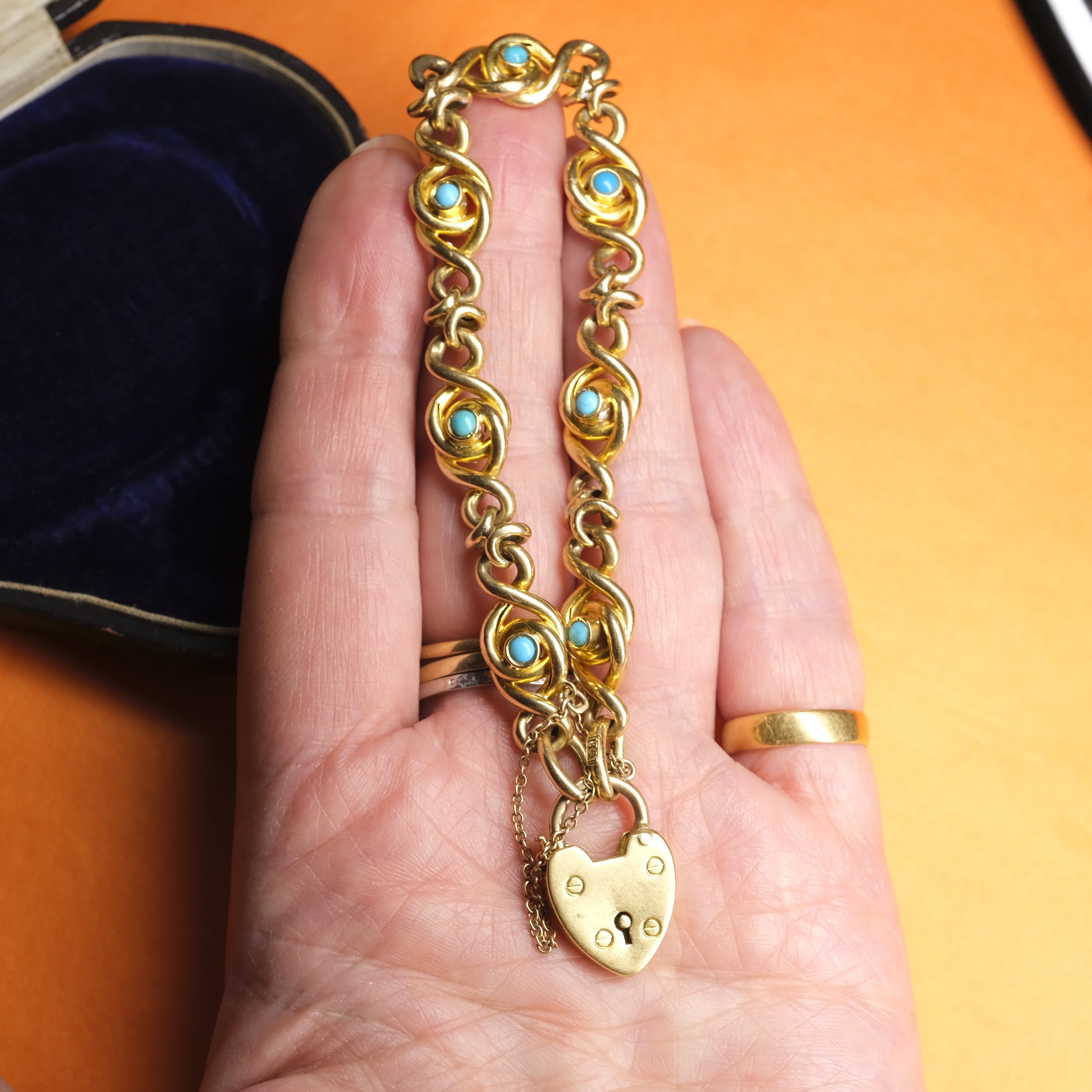 Antique, Victorian 18ct Gold & Turquoise knot Link Bracelet with Heart Padlock Clasp, 19 Grams