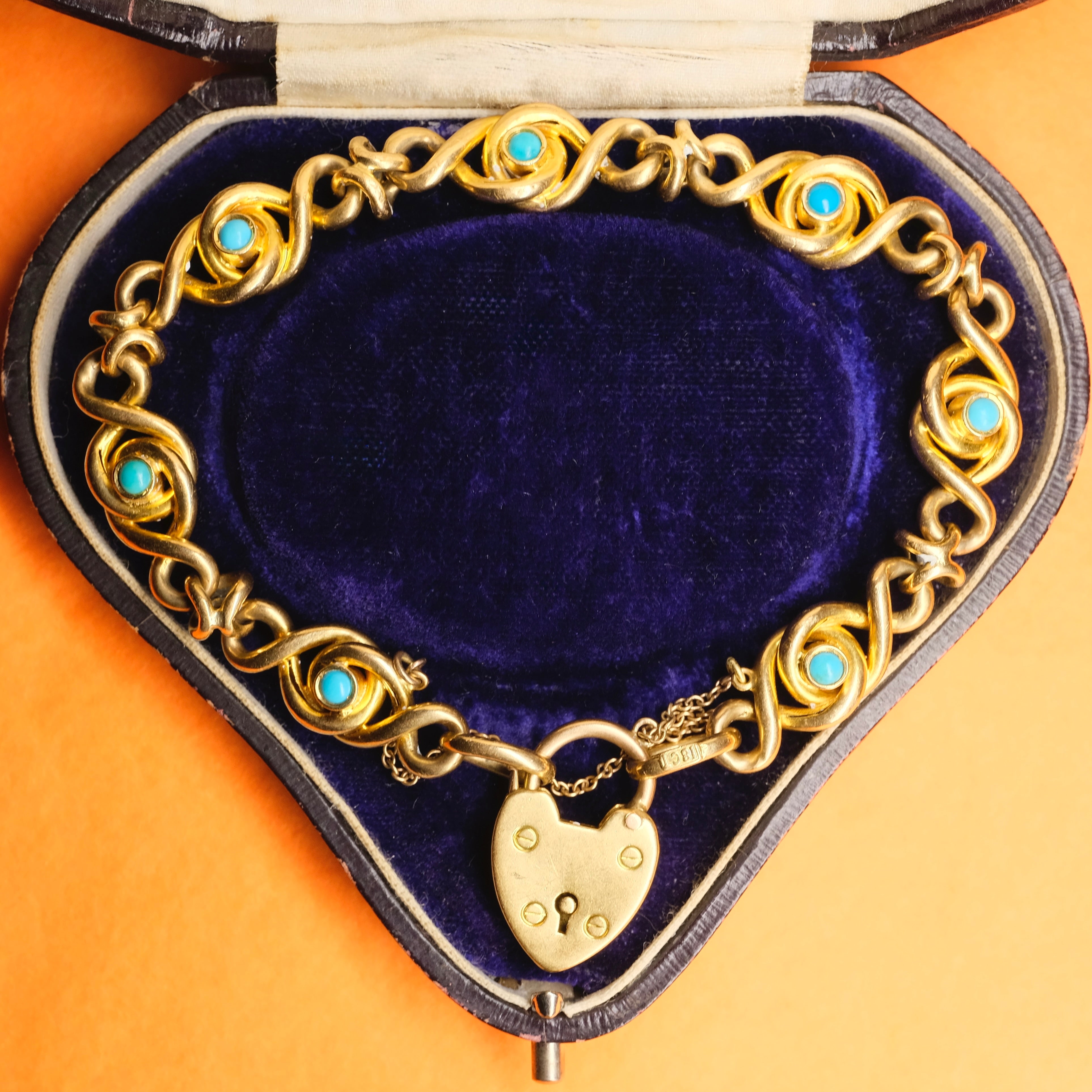 Antique, Victorian 18ct Gold & Turquoise knot Link Bracelet with Heart Padlock Clasp, 19 Grams