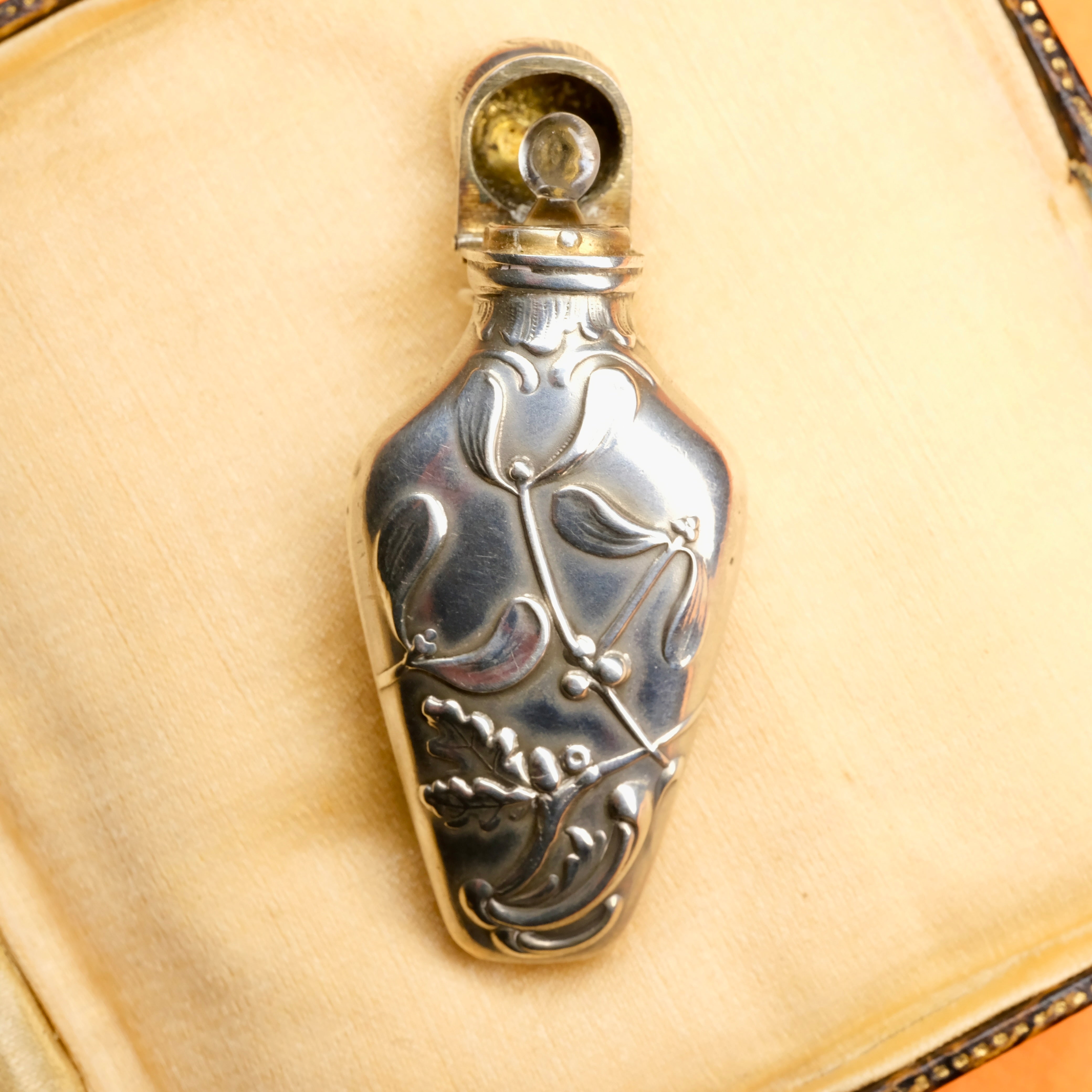 Antique, French, Art Nouveau Mistletoe, Silver, Chatelaine Scent Bottle