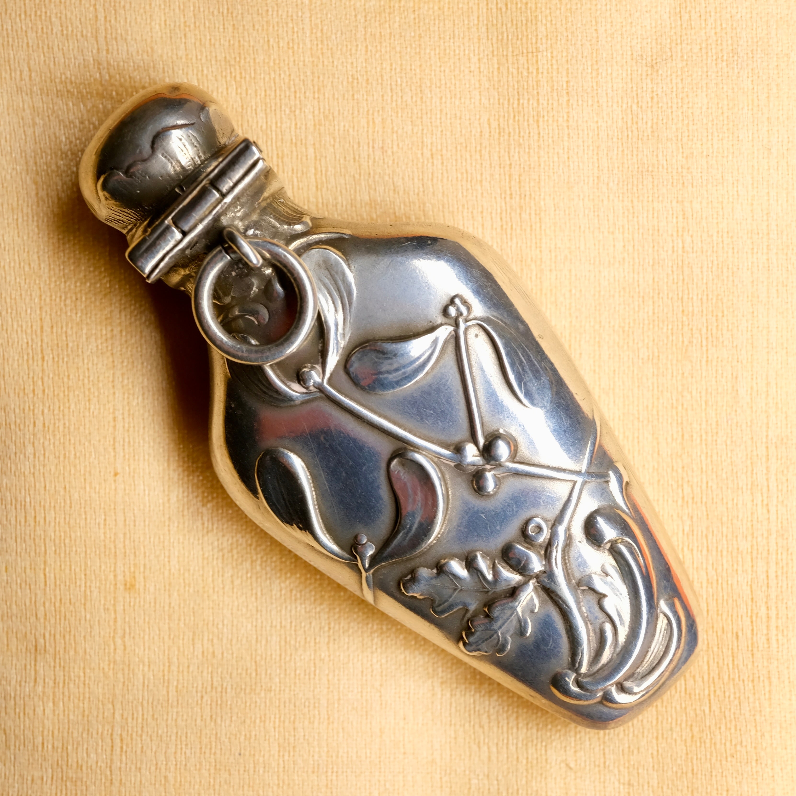 Antique, French, Art Nouveau Mistletoe, Silver, Chatelaine Scent Bottle