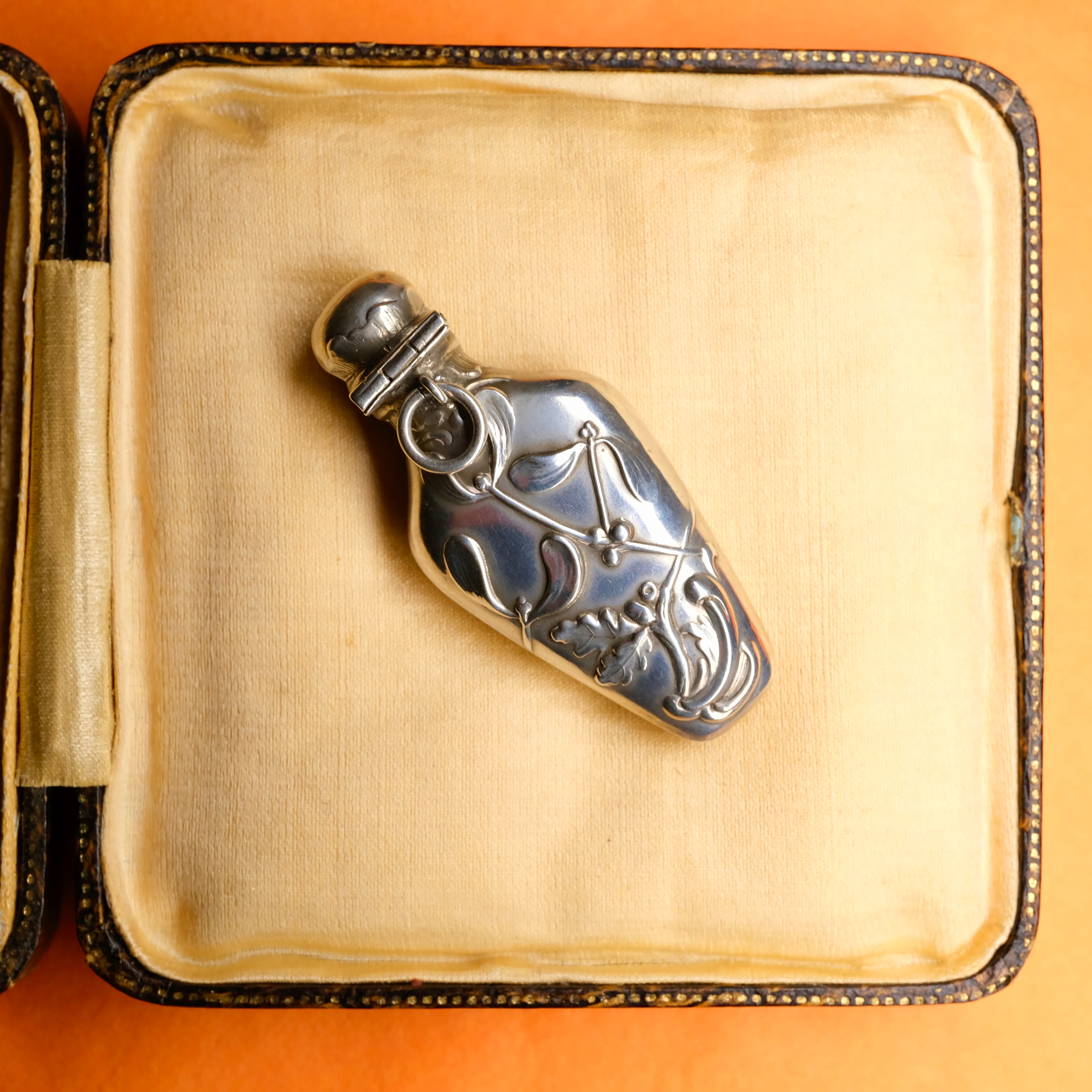 Antique, French, Art Nouveau Mistletoe, Silver, Chatelaine Scent Bottle