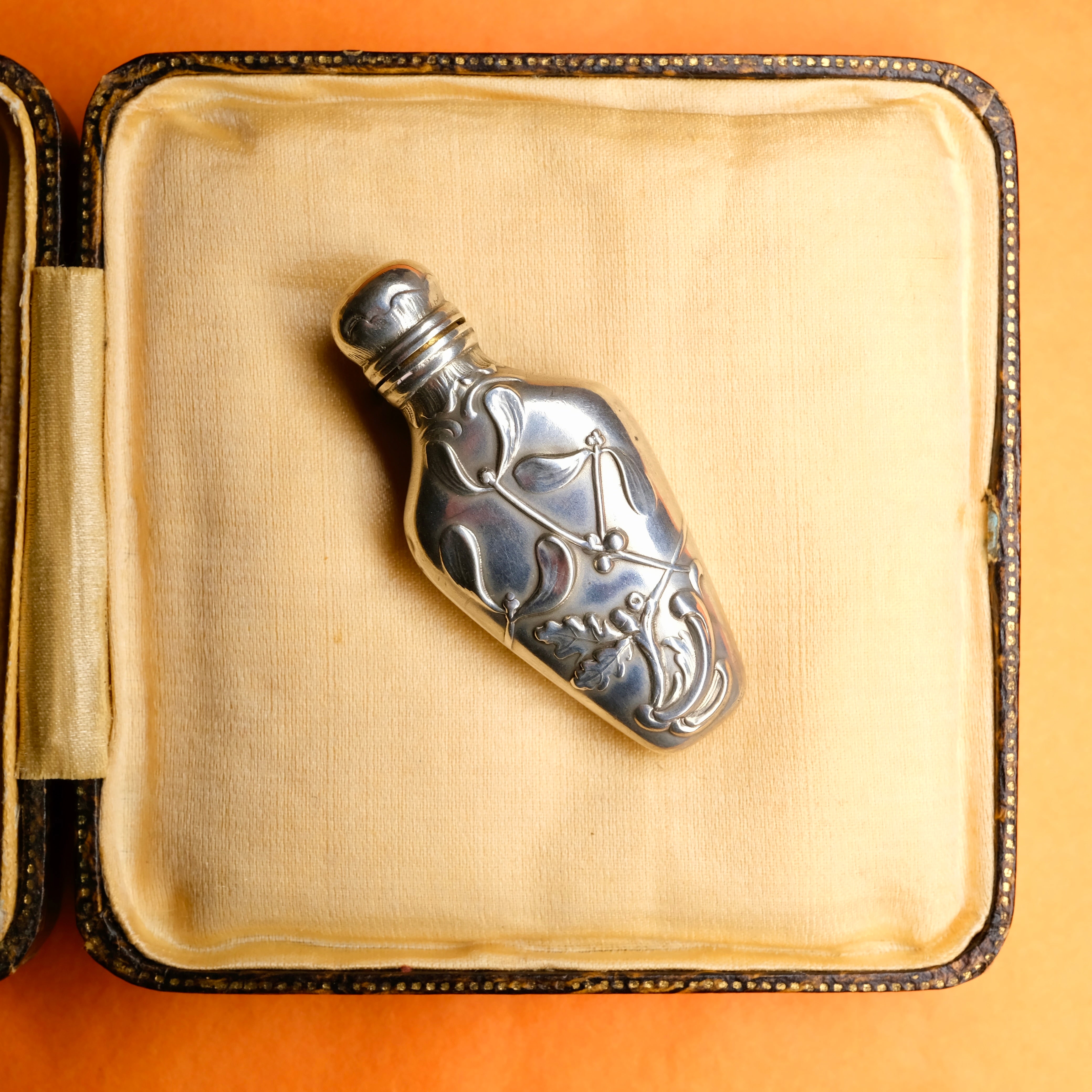 Antique, French, Art Nouveau Mistletoe, Silver, Chatelaine Scent Bottle