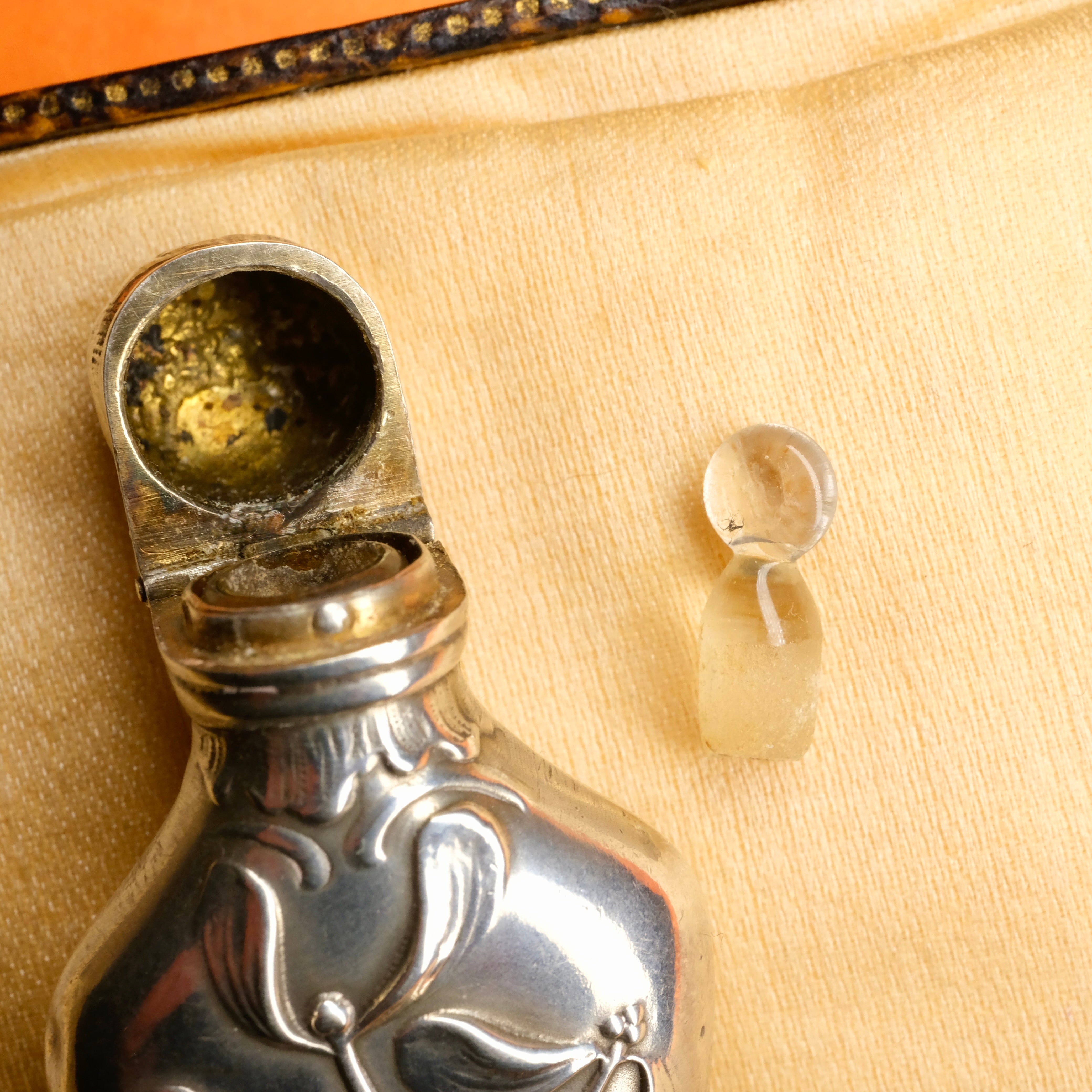 Antique, French, Art Nouveau Mistletoe, Silver, Chatelaine Scent Bottle