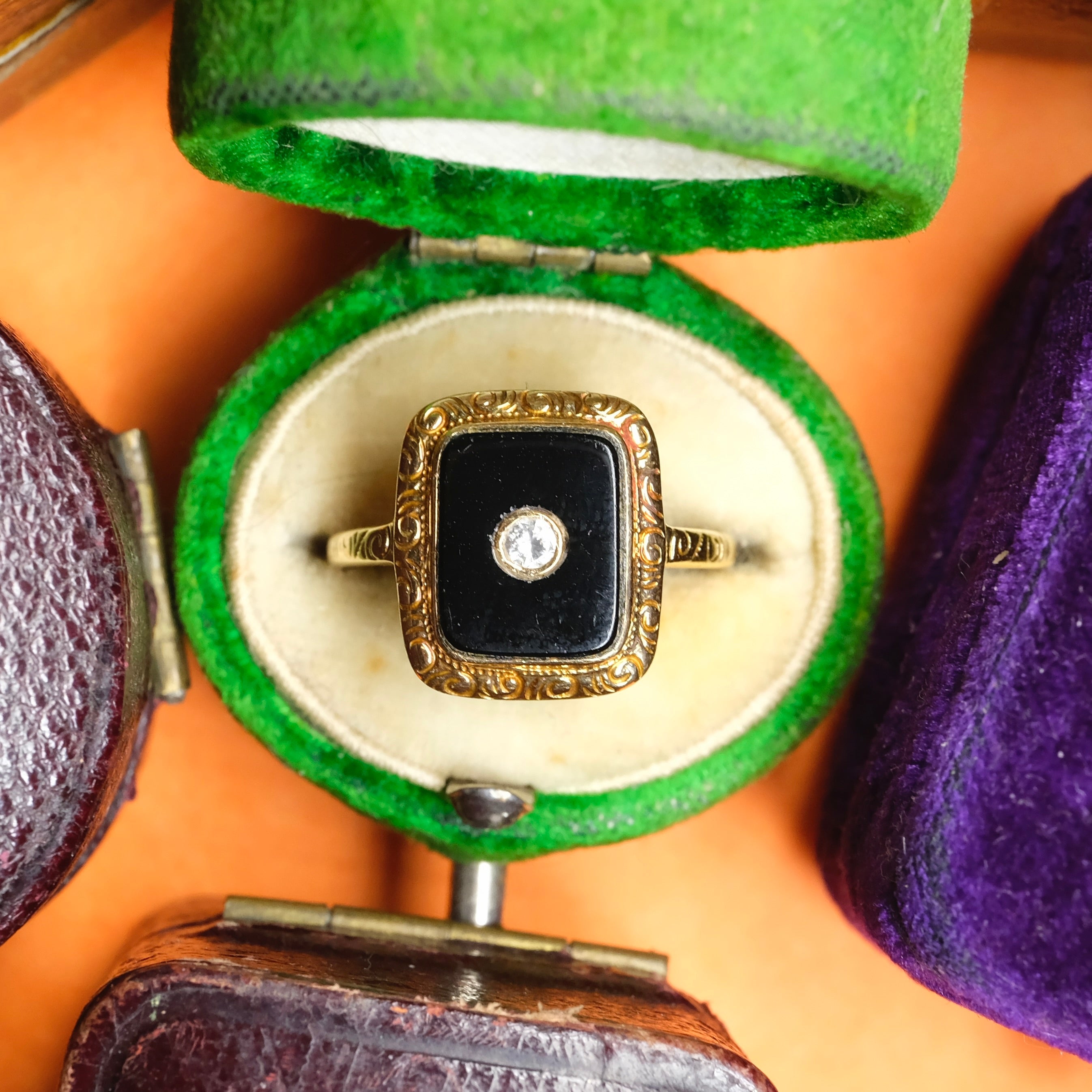 1920s Hugo Grun, Art Deco, 14ct Gold, Onyx & Diamond Plaque Ring
