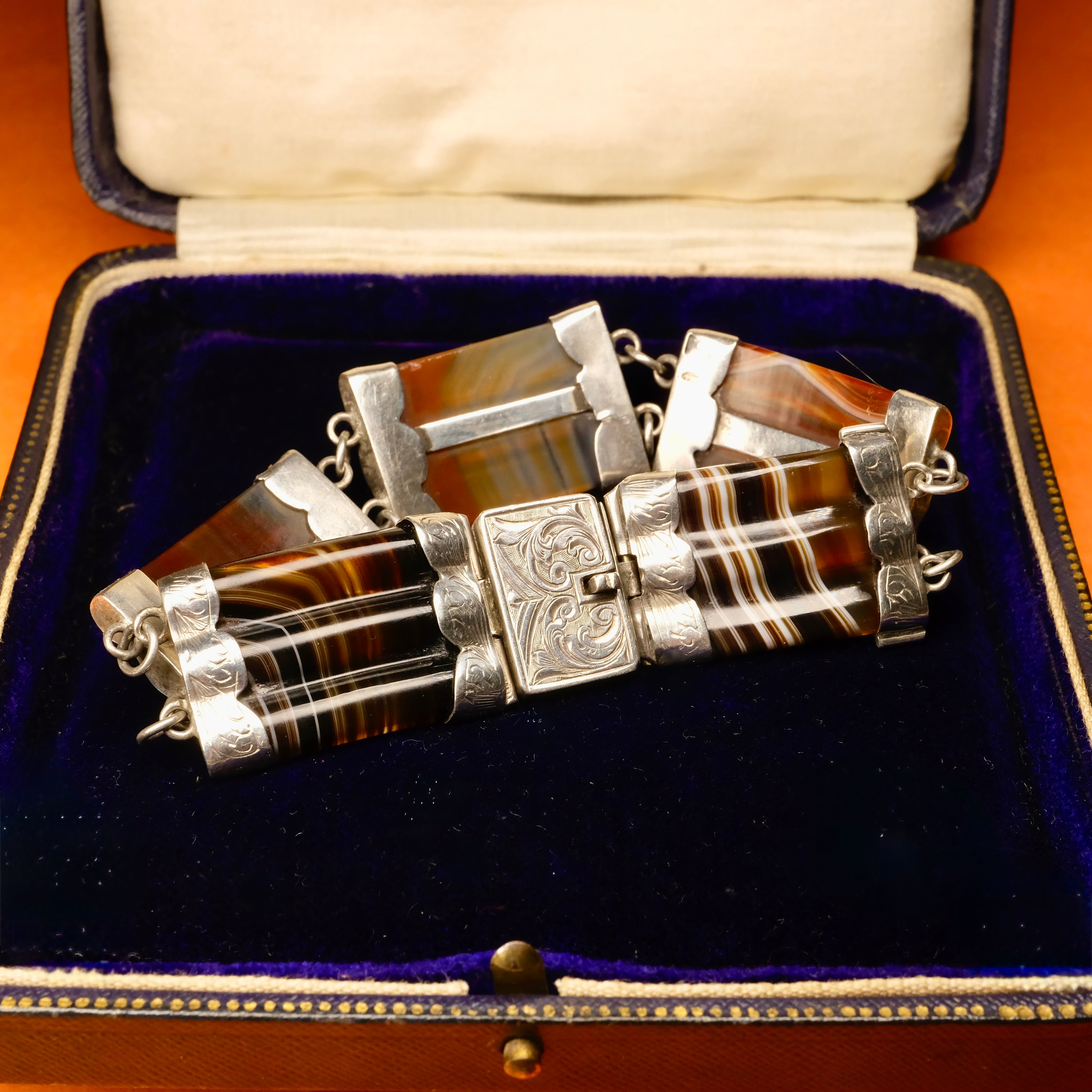 Victorian, Scottish Banded Agate Sterling Silver Panel Bracelet