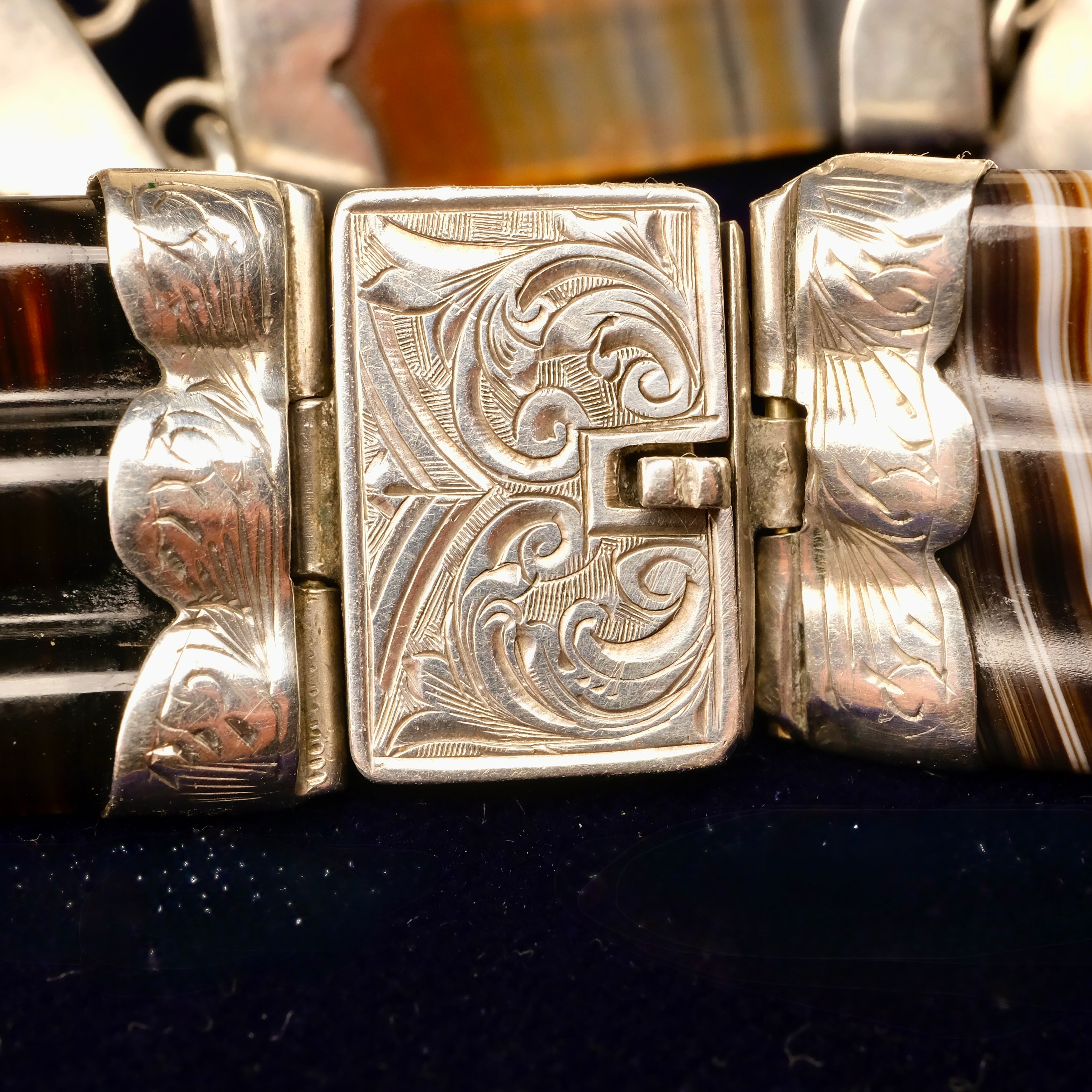 Victorian, Scottish Banded Agate Sterling Silver Panel Bracelet