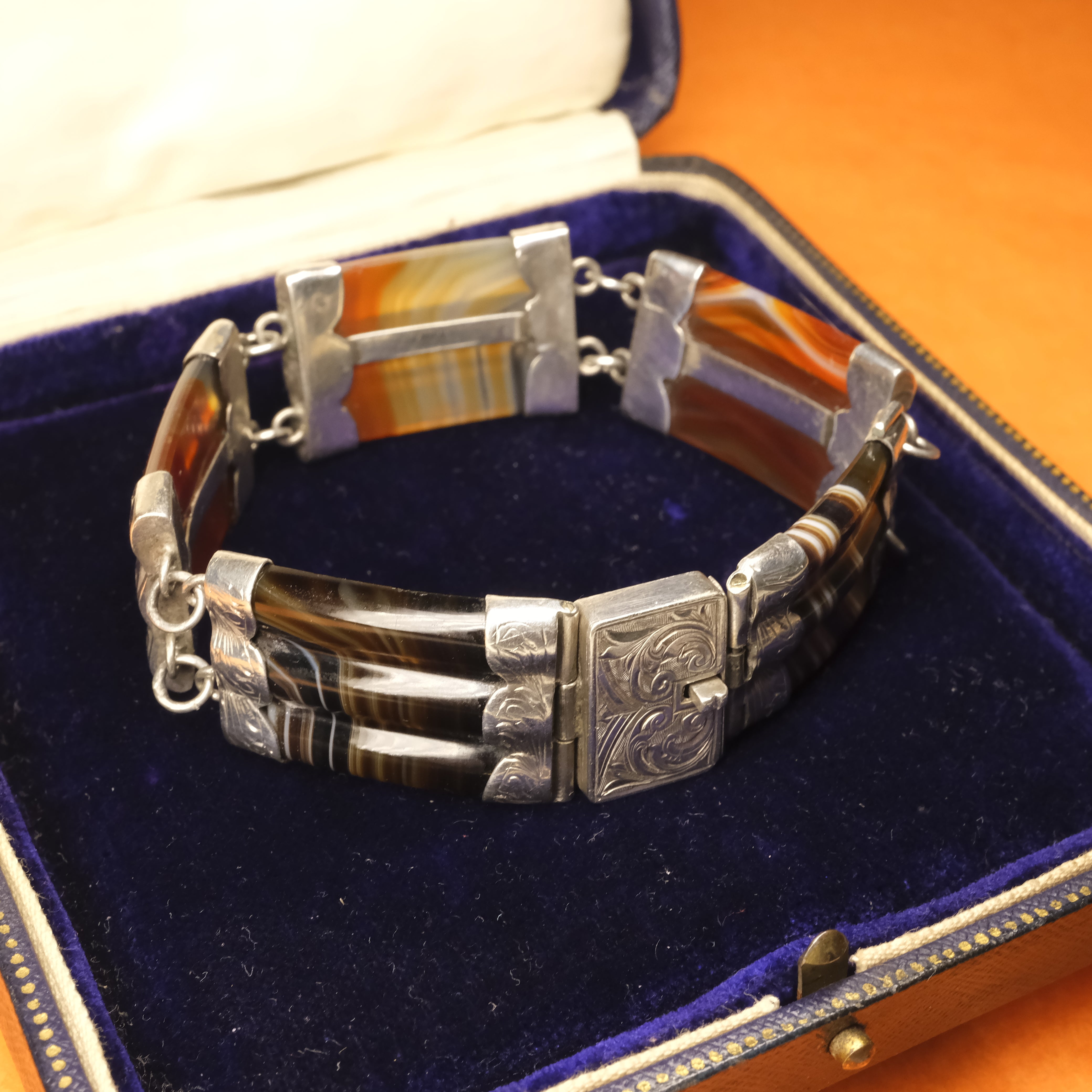 Victorian, Scottish Banded Agate Sterling Silver Panel Bracelet