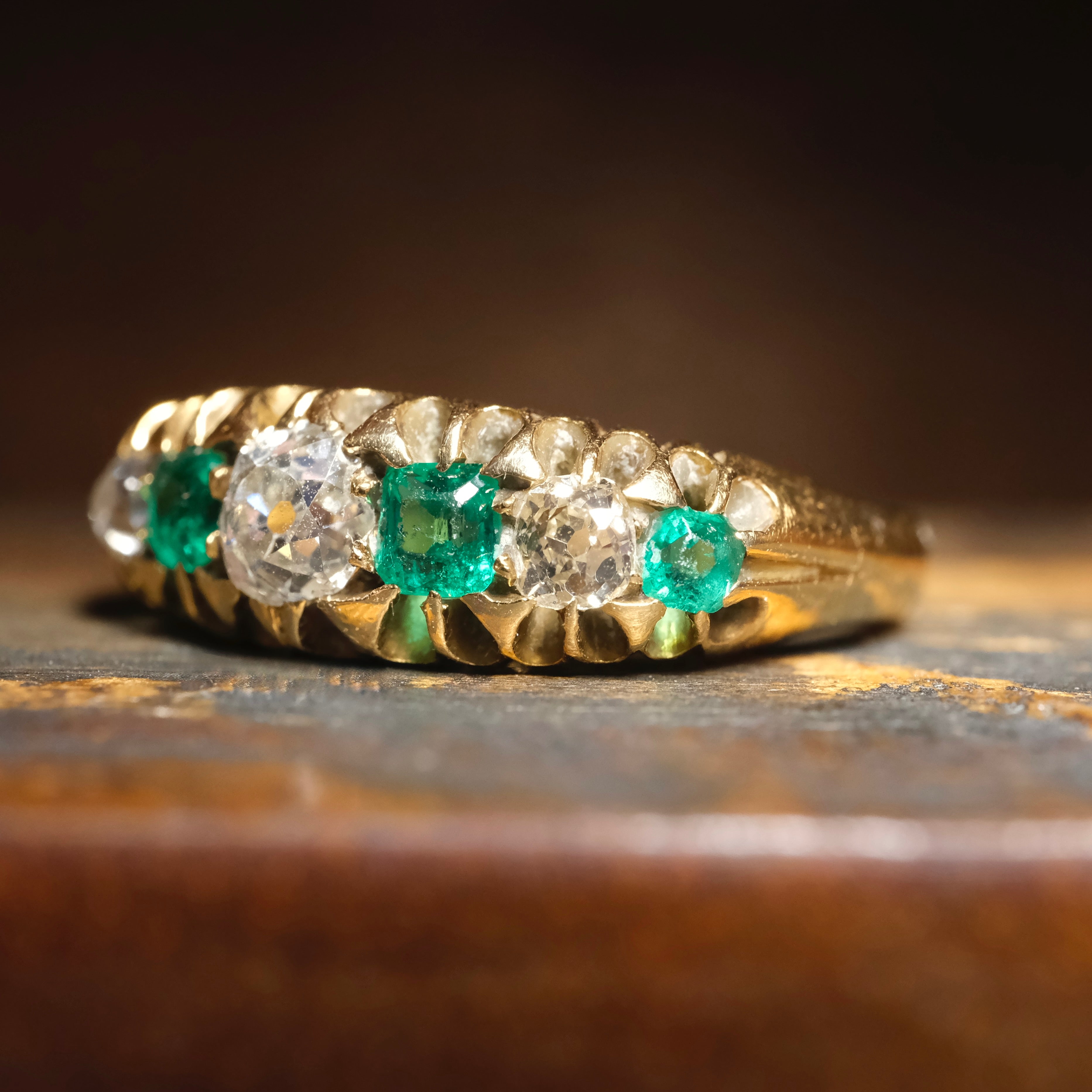 Antique, Victorian, 15ct Gold, Natural Emerald & Old Mine Cut Diamond Ring