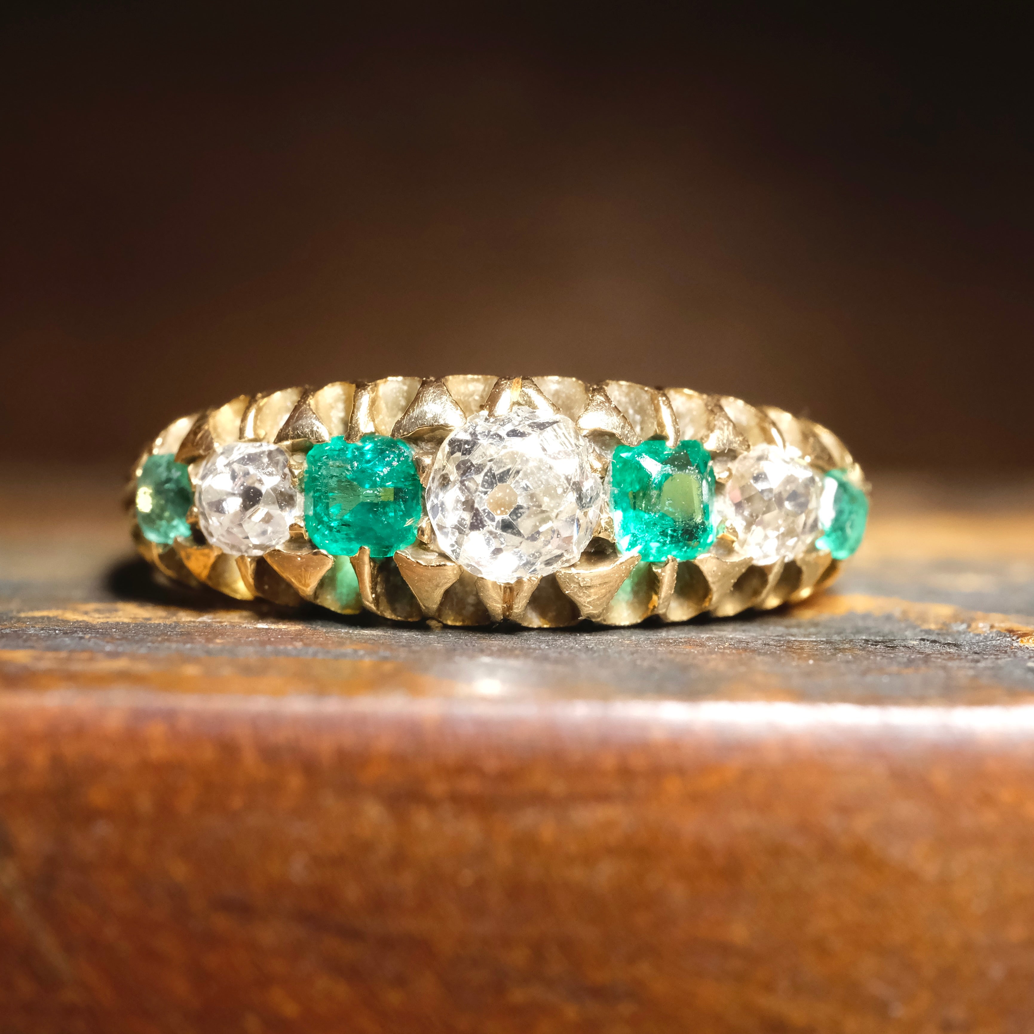 Antique, Victorian, 15ct Gold, Natural Emerald & Old Mine Cut Diamond Ring