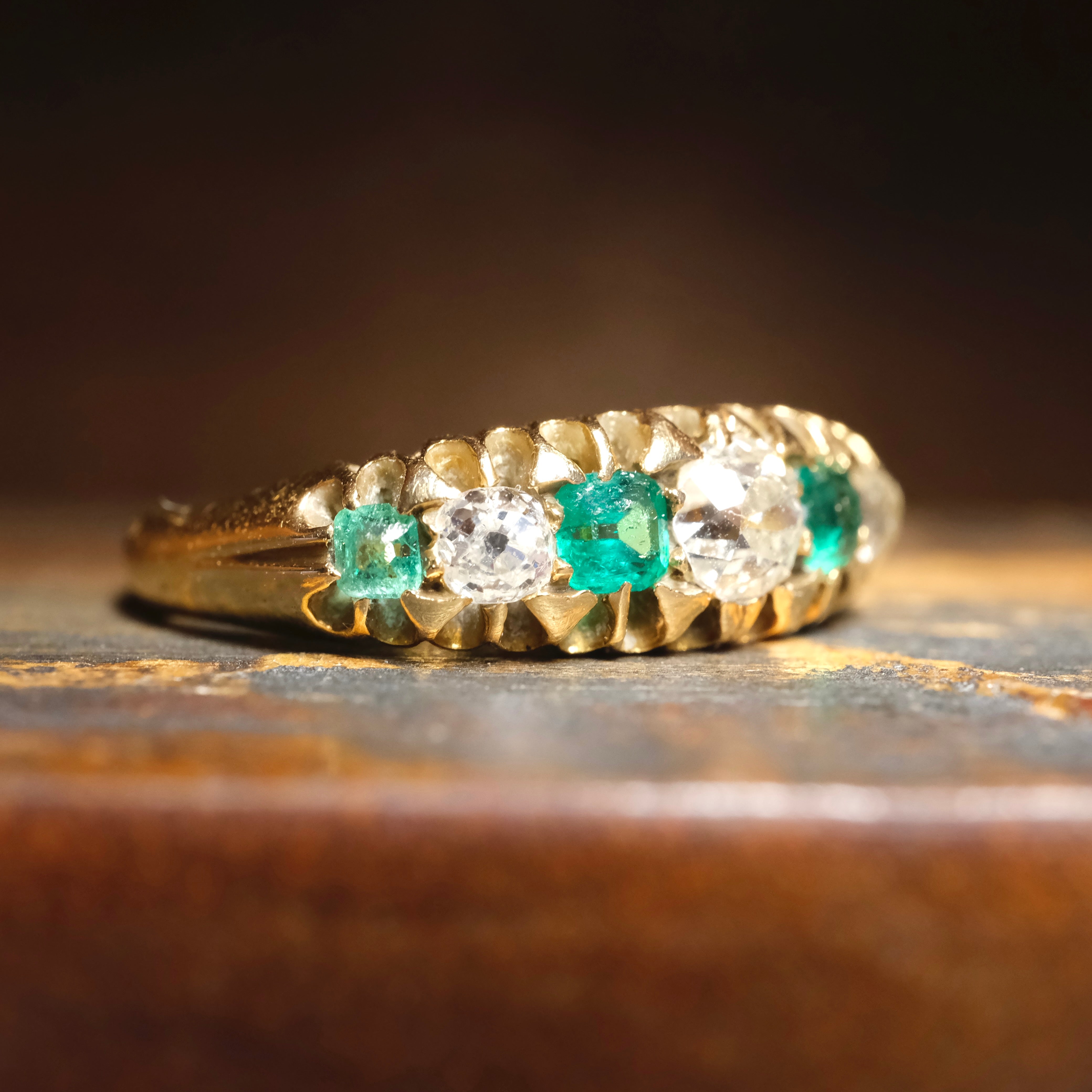 Antique, Victorian, 15ct Gold, Natural Emerald & Old Mine Cut Diamond Ring