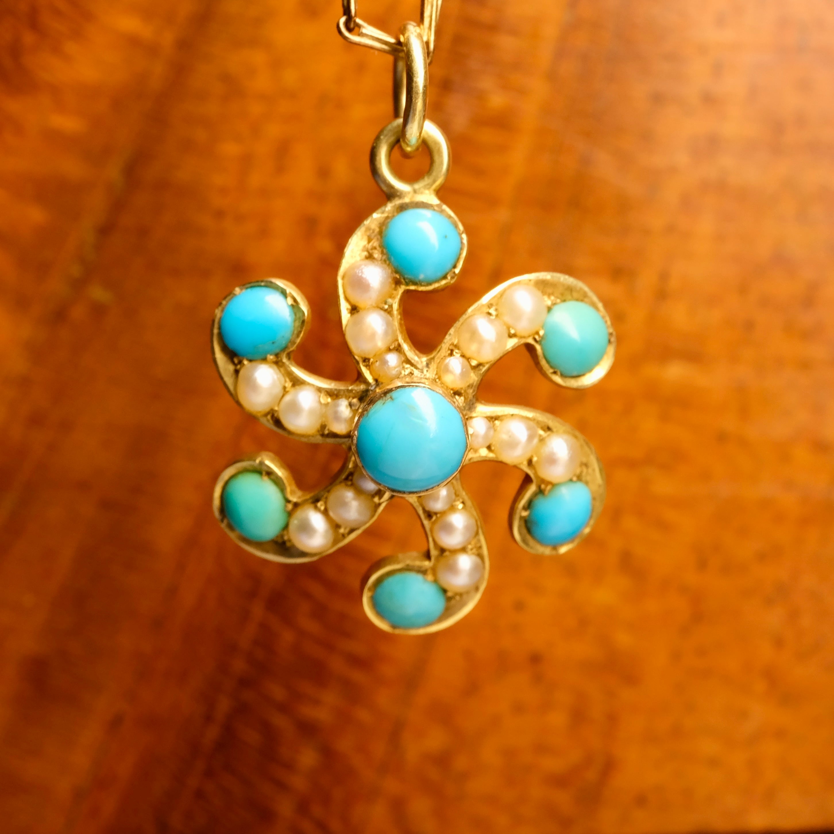Victorian 15ct Gold, Turquoise & Pearl Starburst Pendant