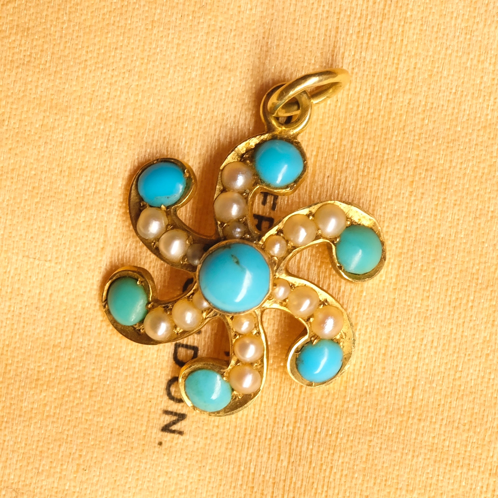 Victorian 15ct Gold, Turquoise & Pearl Starburst Pendant