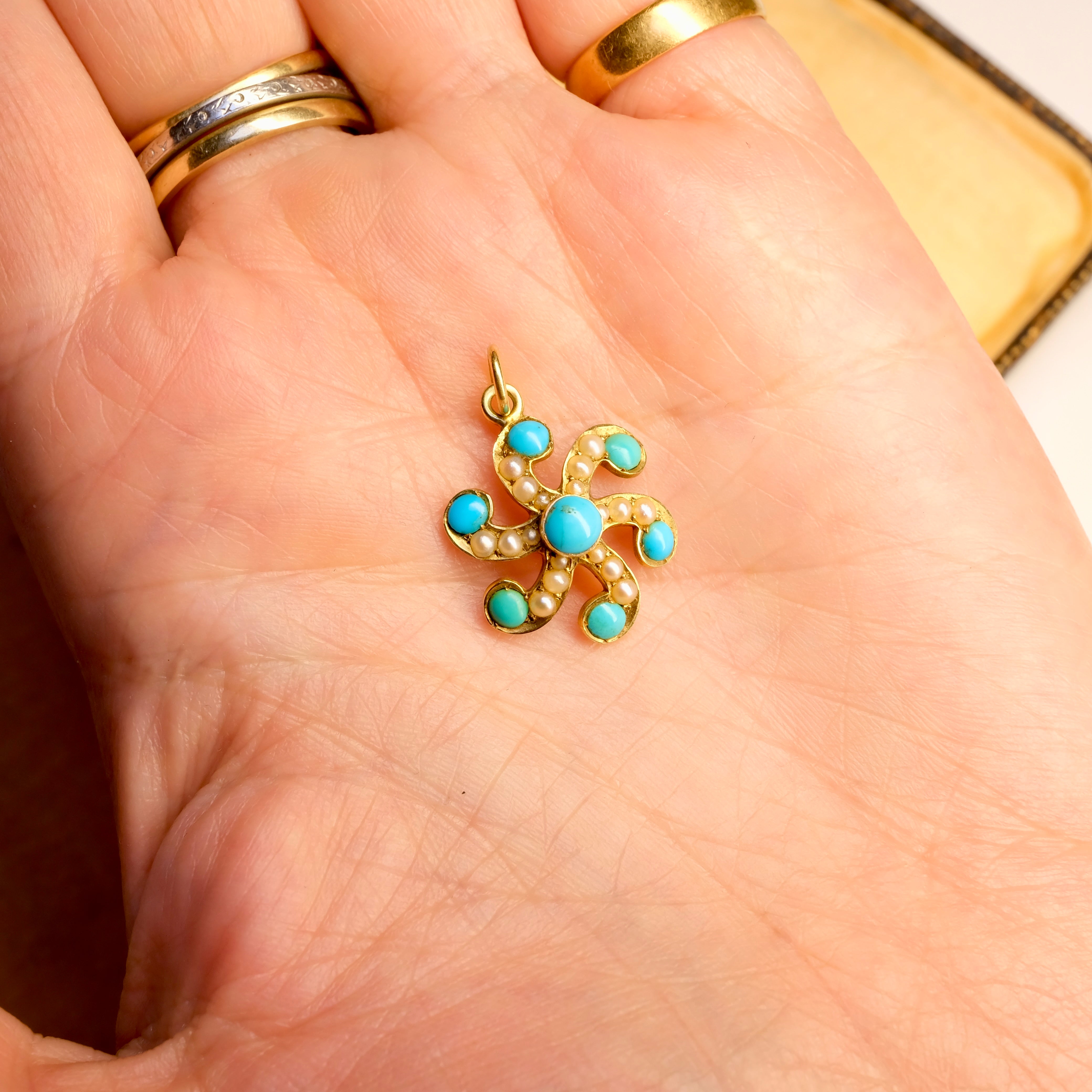 Victorian 15ct Gold, Turquoise & Pearl Starburst Pendant