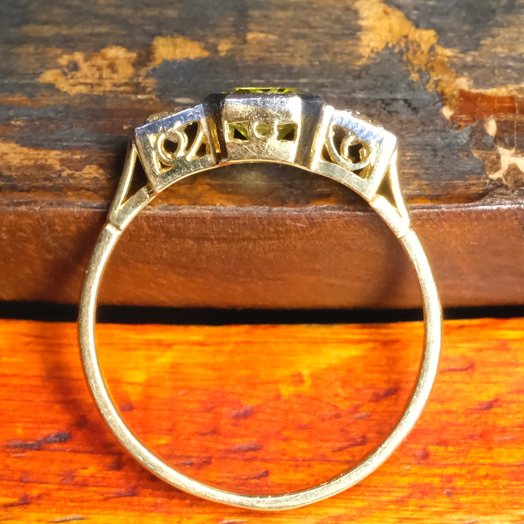 1920s Art deco 18ct Gold And Platinum, Peridot & Diamond Trilogy Ring