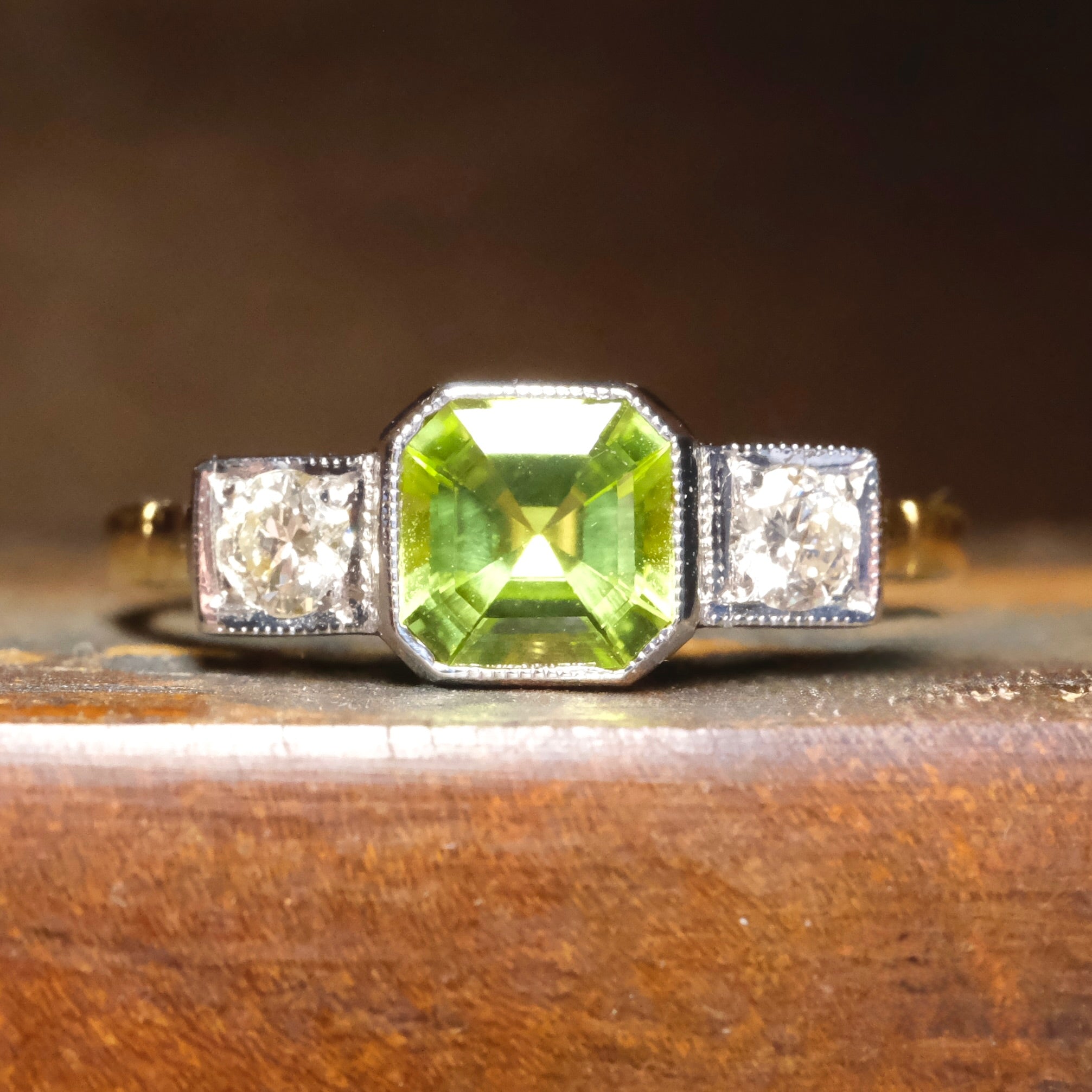 1920s Art deco 18ct Gold And Platinum, Peridot & Diamond Trilogy Ring