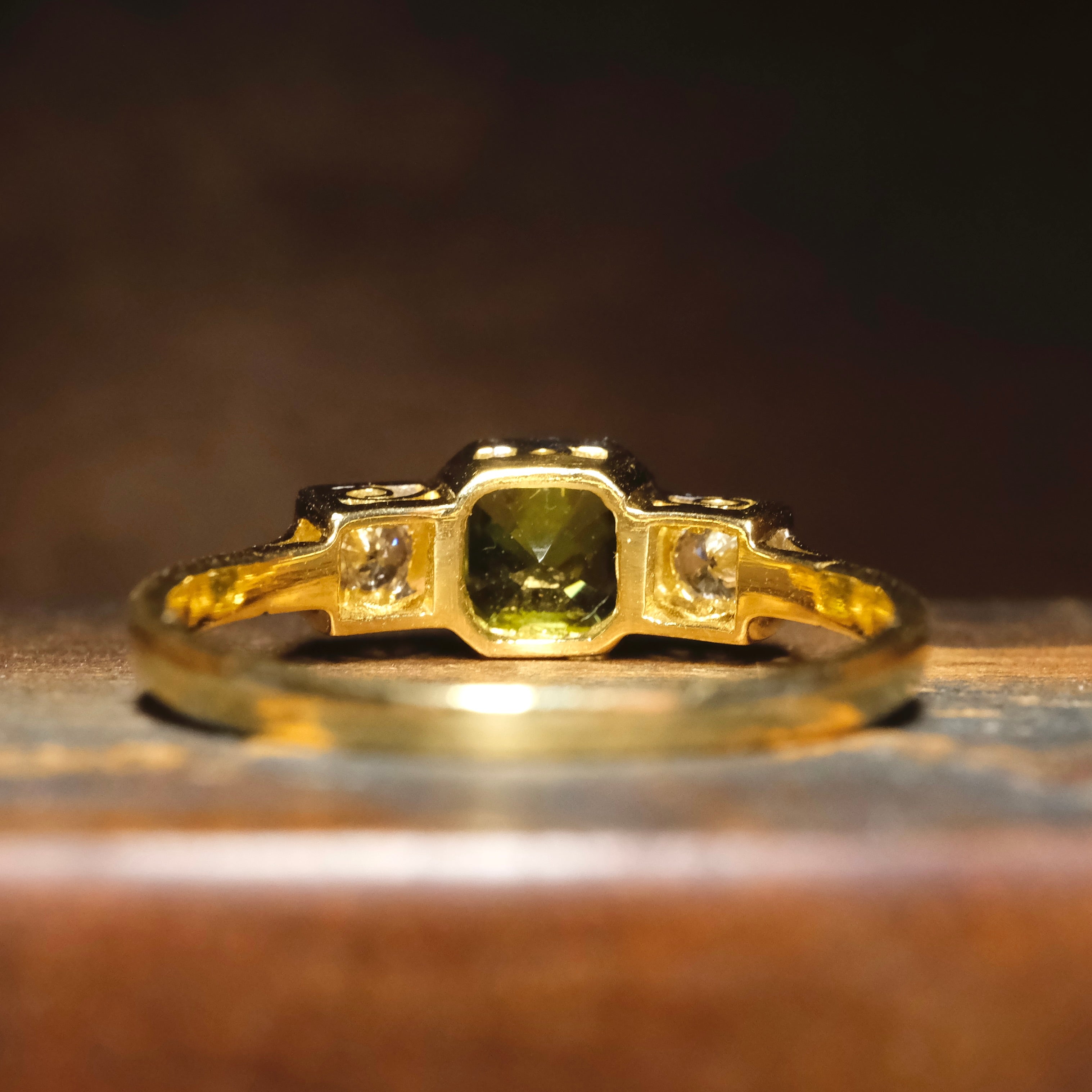 1920s Art deco 18ct Gold And Platinum, Peridot & Diamond Trilogy Ring