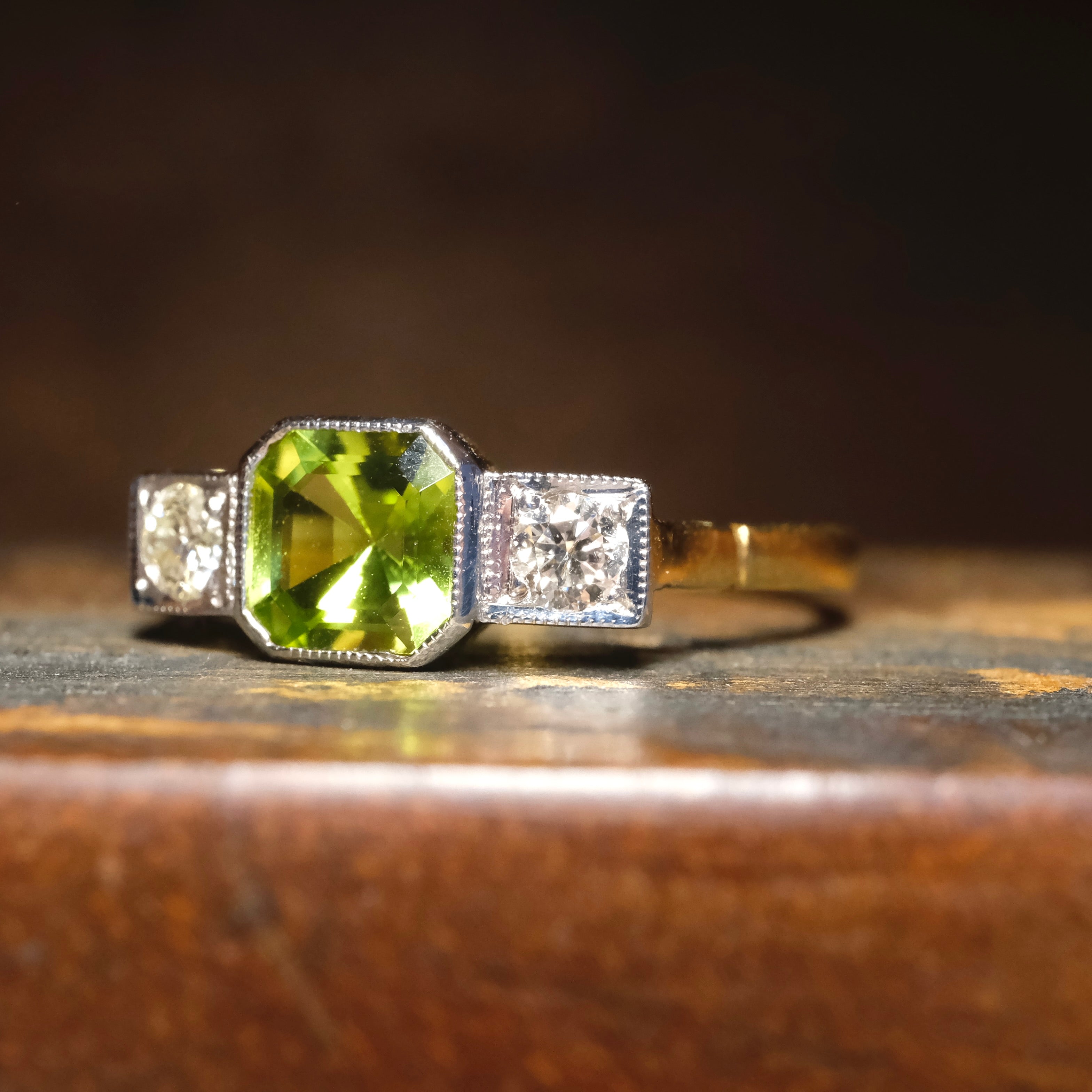1920s Art deco 18ct Gold And Platinum, Peridot & Diamond Trilogy Ring